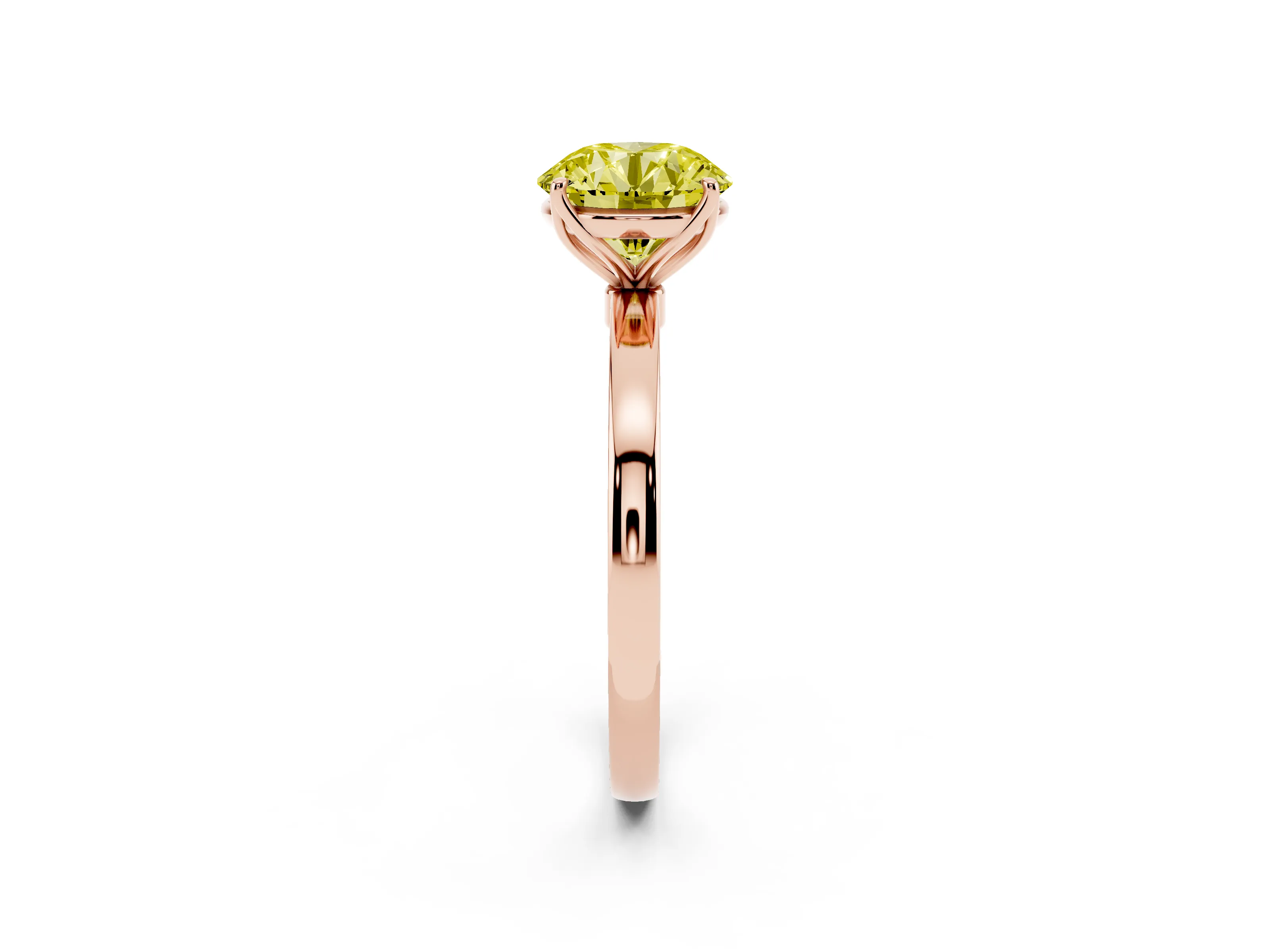 Fancy Yellow Round Cut Diamond Solitaire Ring Set in Rose gold with Prong Setting and Thin Polished Band