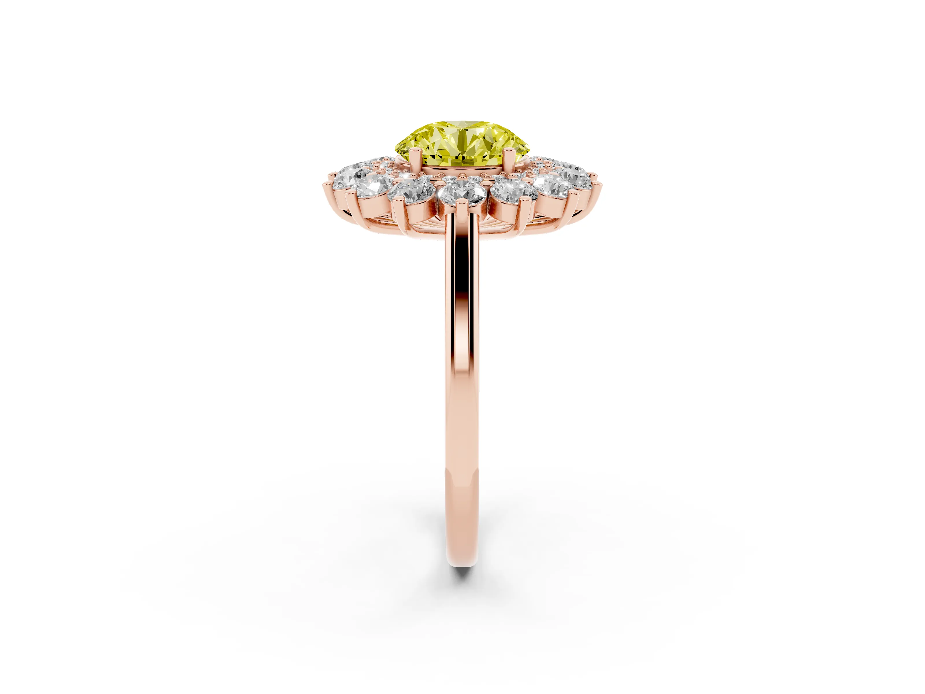 Fancy Yellow Round Cut Diamond Floral Double Halo Ring Set in Rose gold with Round Petals