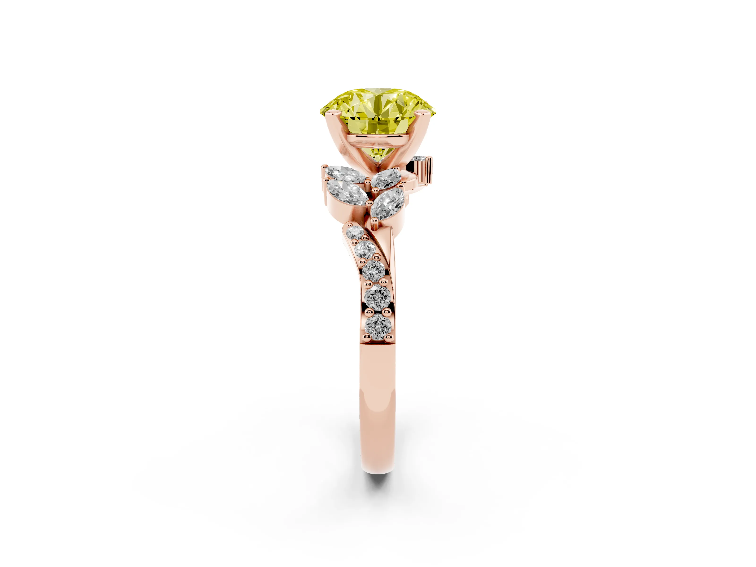 Fancy Yellow Round Cut Diamond Solitaire Ring Set in Rose gold with Marquise Twist Band and Prong Setting