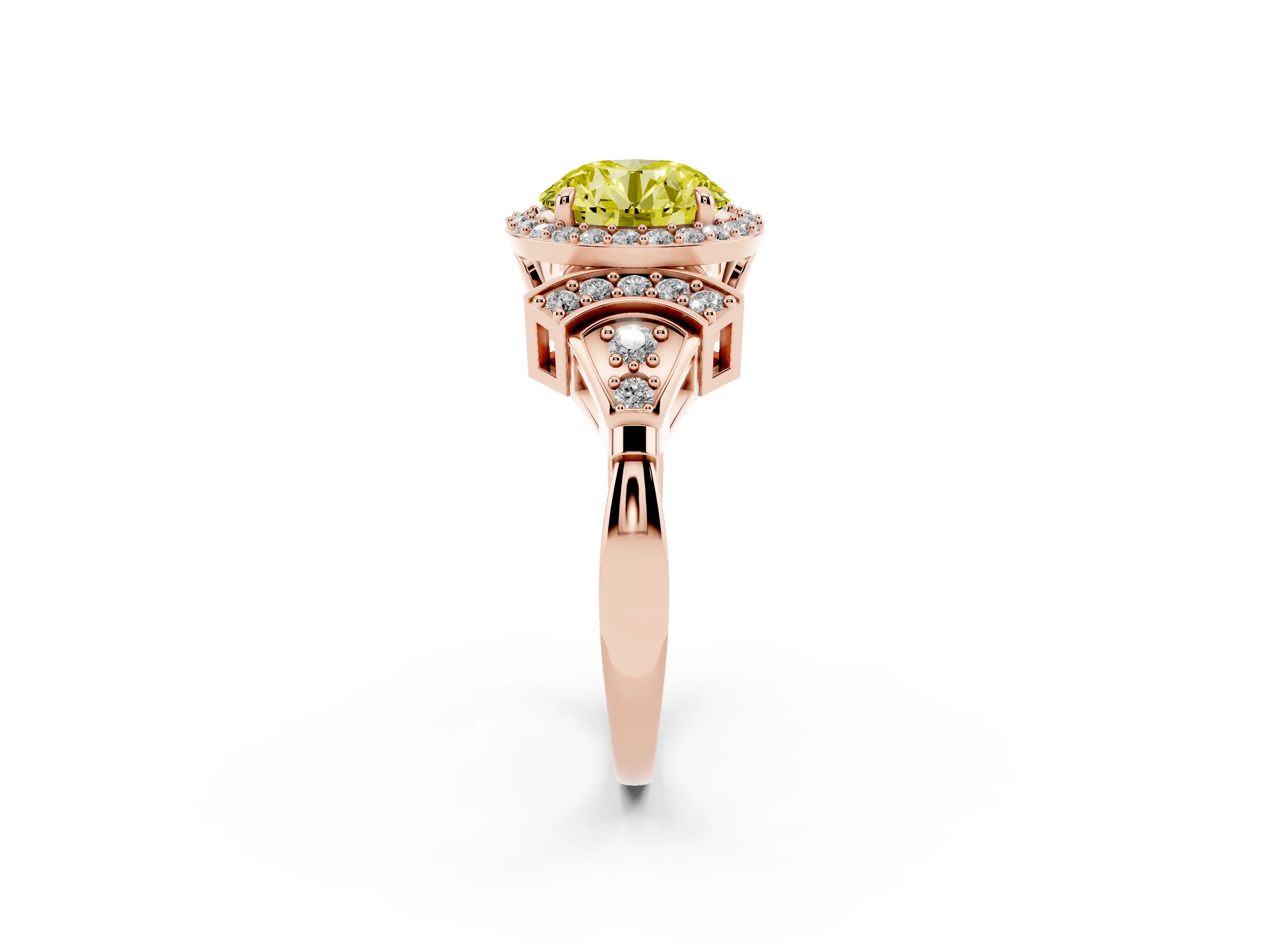 Fancy Yellow Round Cut Diamond Halo Engagement Ring Set in Rose gold with Accent Stone Split Shank