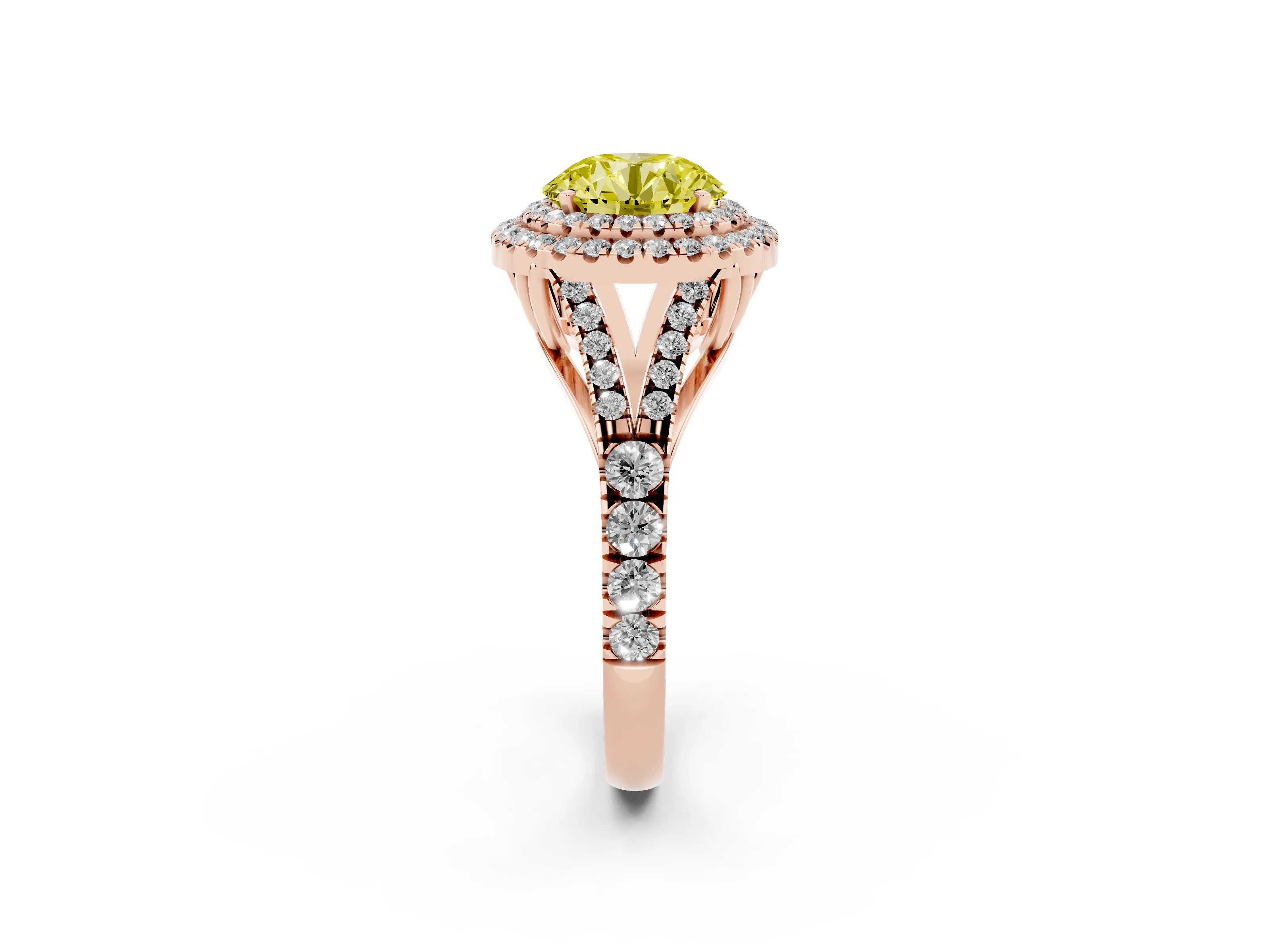 Fancy Yellow Round Cut Diamond Pavé Split Shank Double Halo Engagement Ring Set in Rose gold
