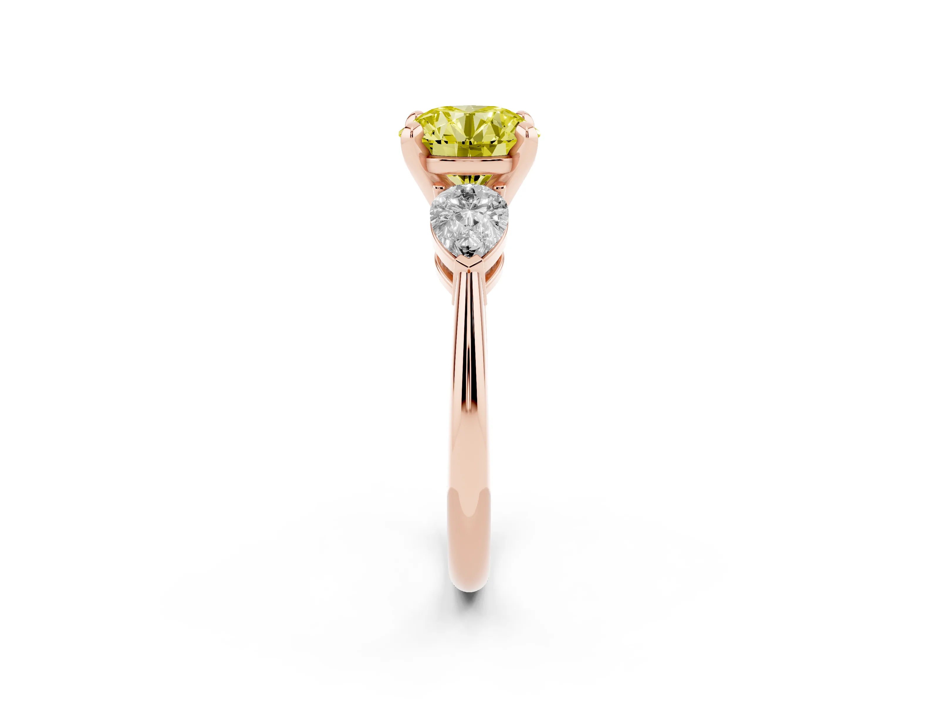Fancy Yellow Three-Stone Round Cut Diamond Ring Set in Rose gold with Pear Side Stones and Prong Setting
