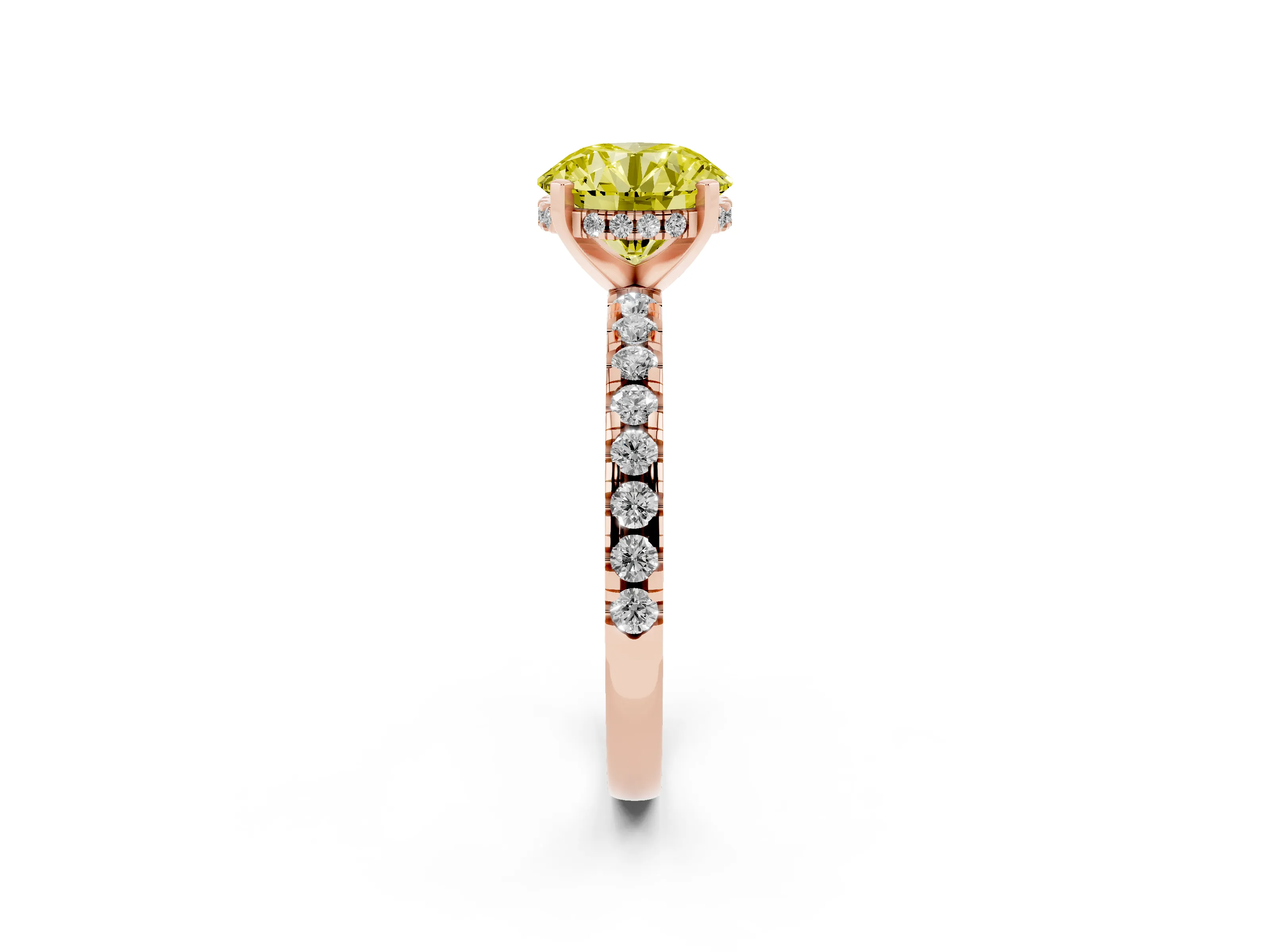 Fancy Yellow Round Cut Diamond Pavé Solitaire Ring Set in Rose gold with Round Band Accents and Prong Setting
