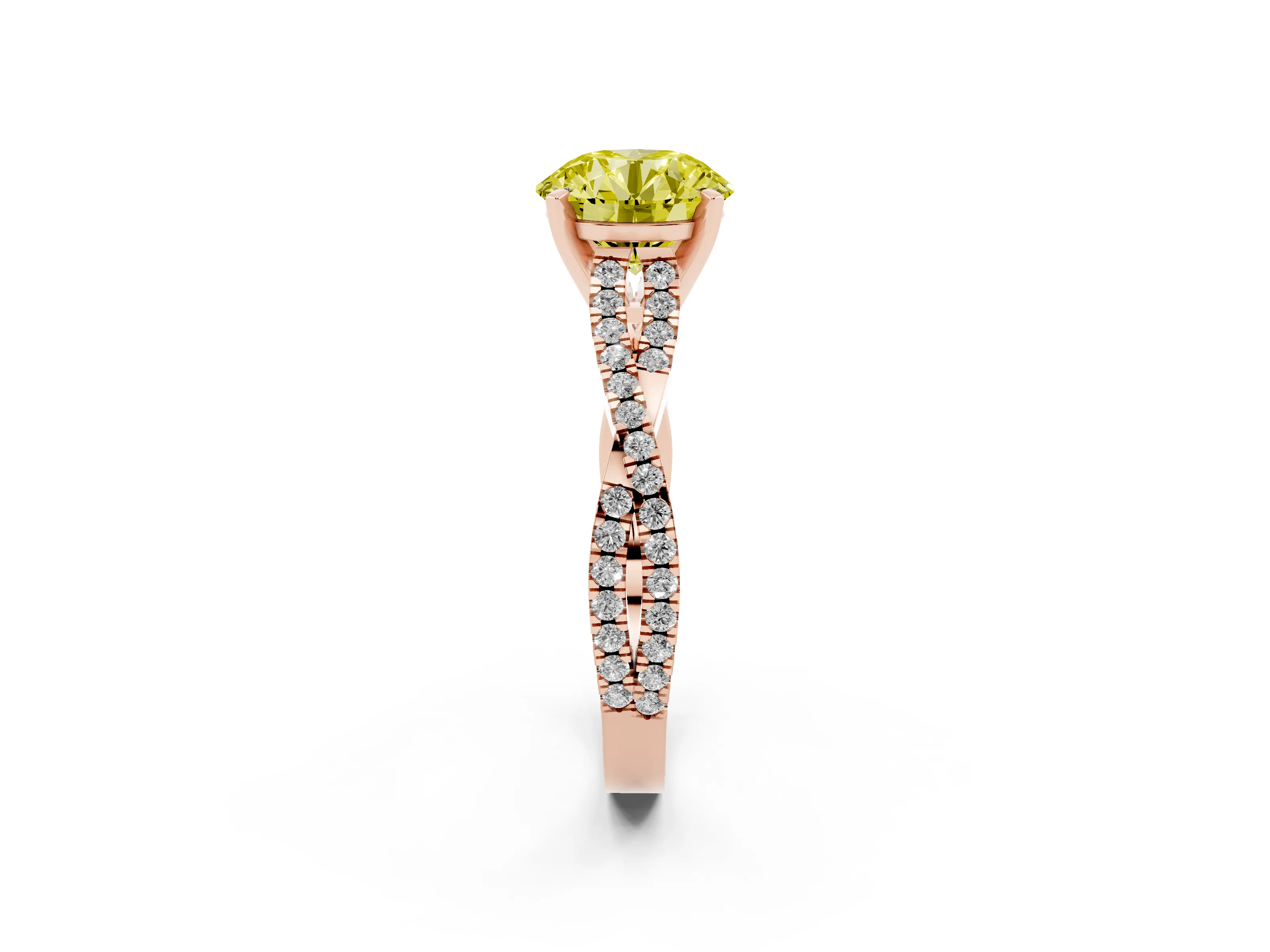 Fancy Yellow Round Cut Diamond Solitaire Engagement Ring Set in Rose gold with Twisted Pavé Band and Prong Setting