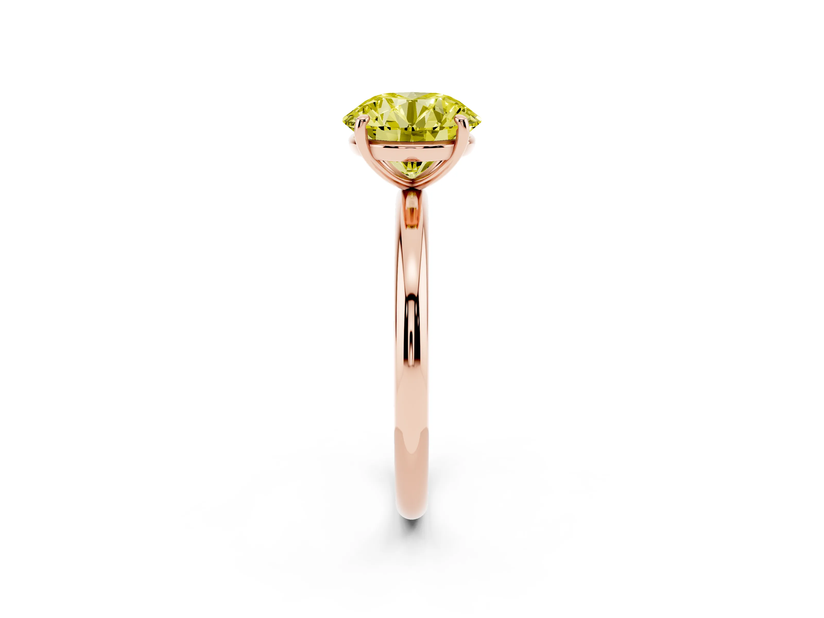 Fancy Yellow Round Cut Diamond Solitaire Ring Set in Rose gold with Prong Setting on a Polished Plain Band
