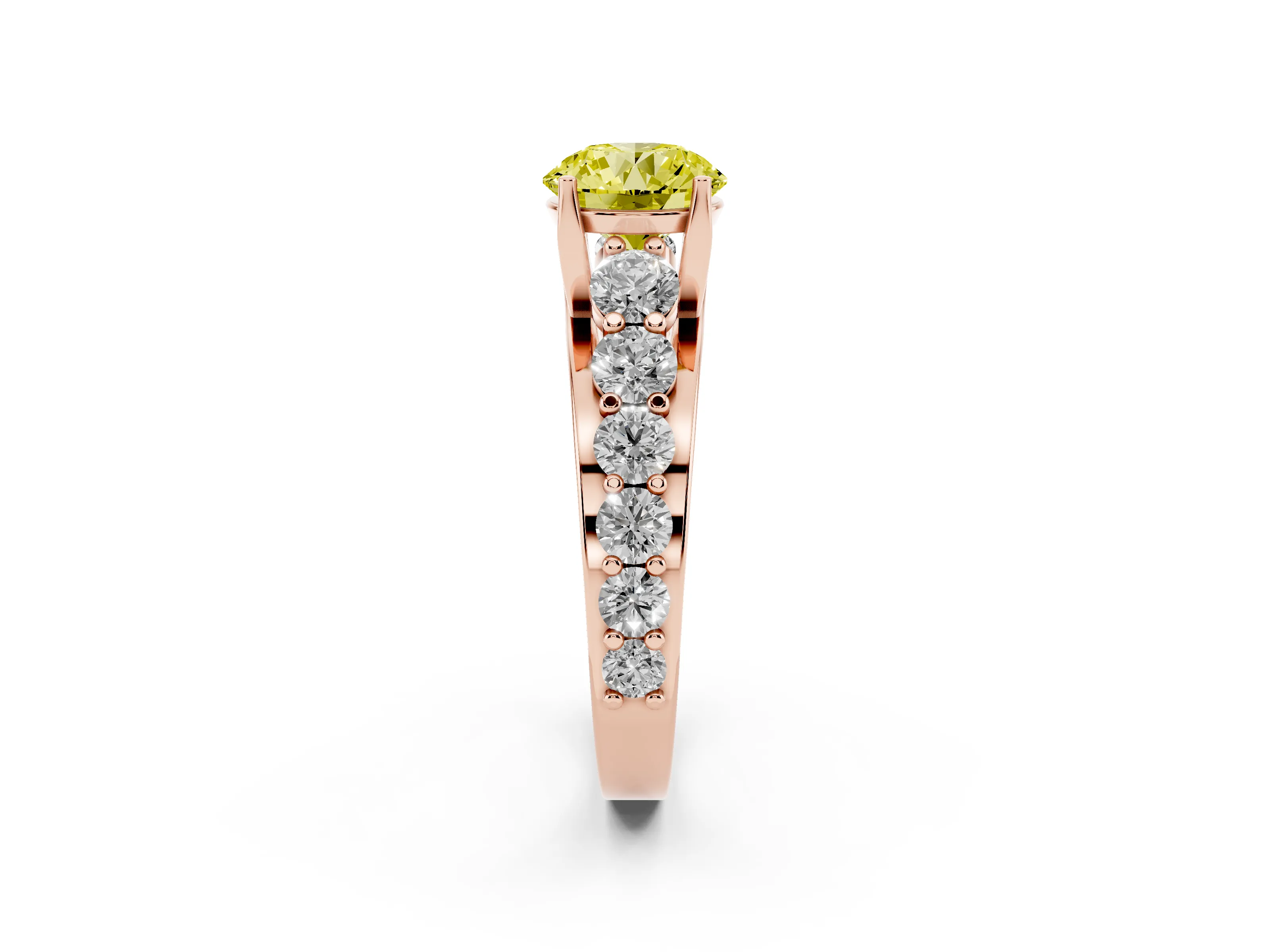 Fancy Yellow Round Cut Diamond Pavé Engagement Ring Set in Rose gold with Prong Setting