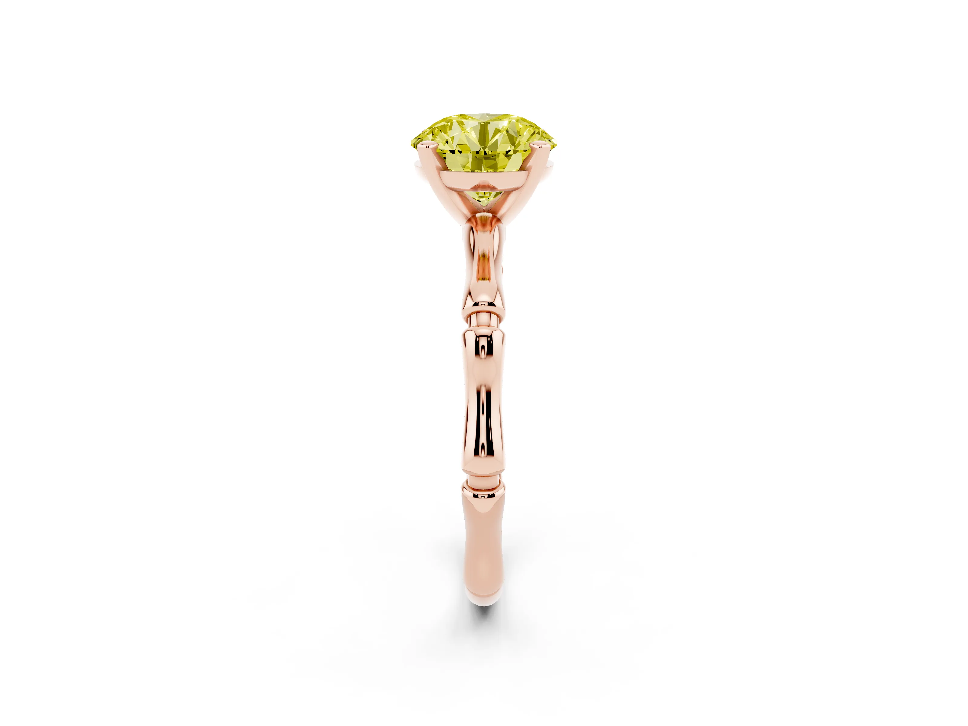 Fancy Yellow Round Cut Diamond Solitaire Ring Set in Rose gold with Bamboo Band and Prong Setting