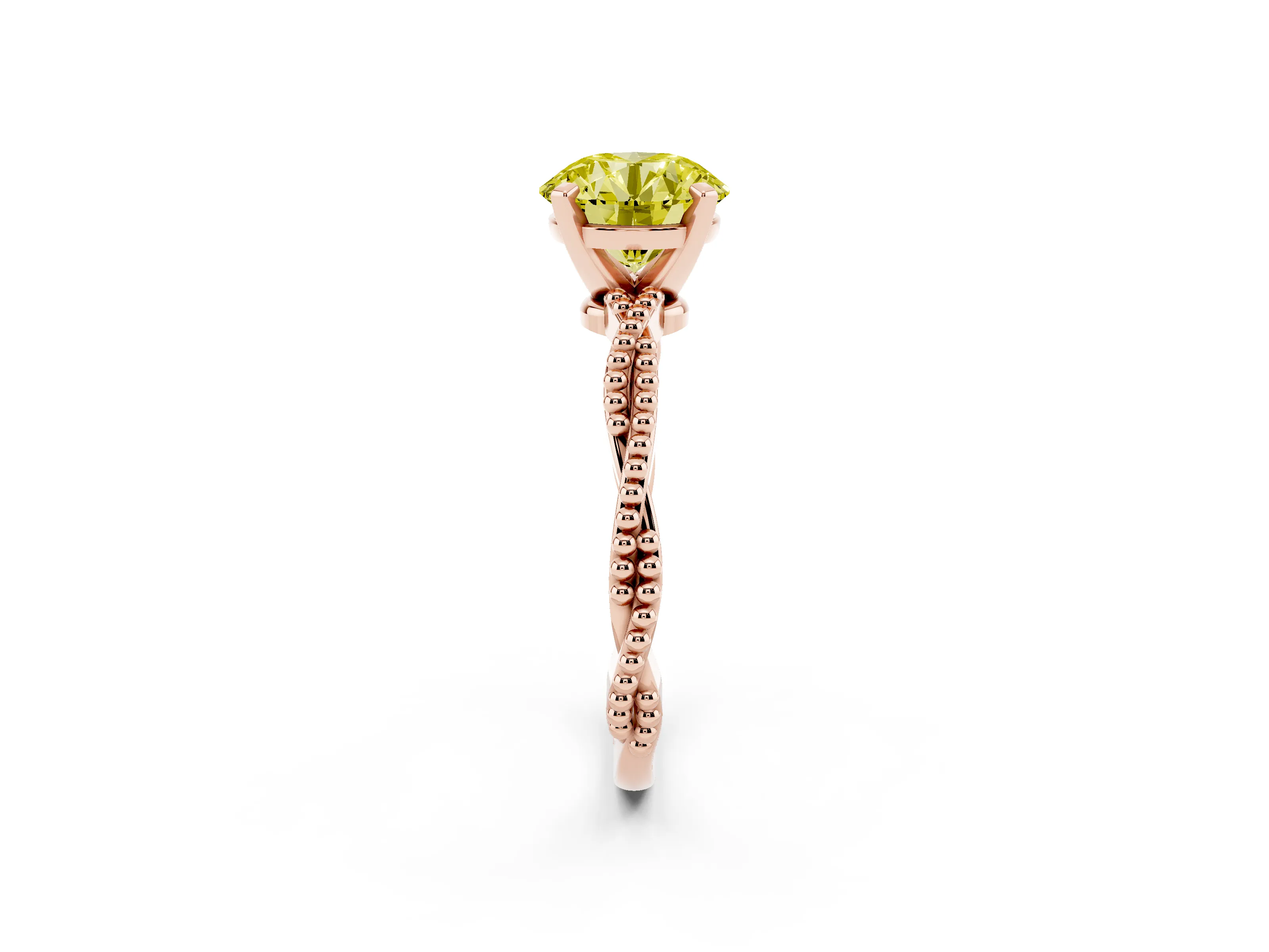 Fancy Yellow Round Cut Diamond Solitaire Ring Set in Rose gold with Twisted Band and Bead Prong Setting