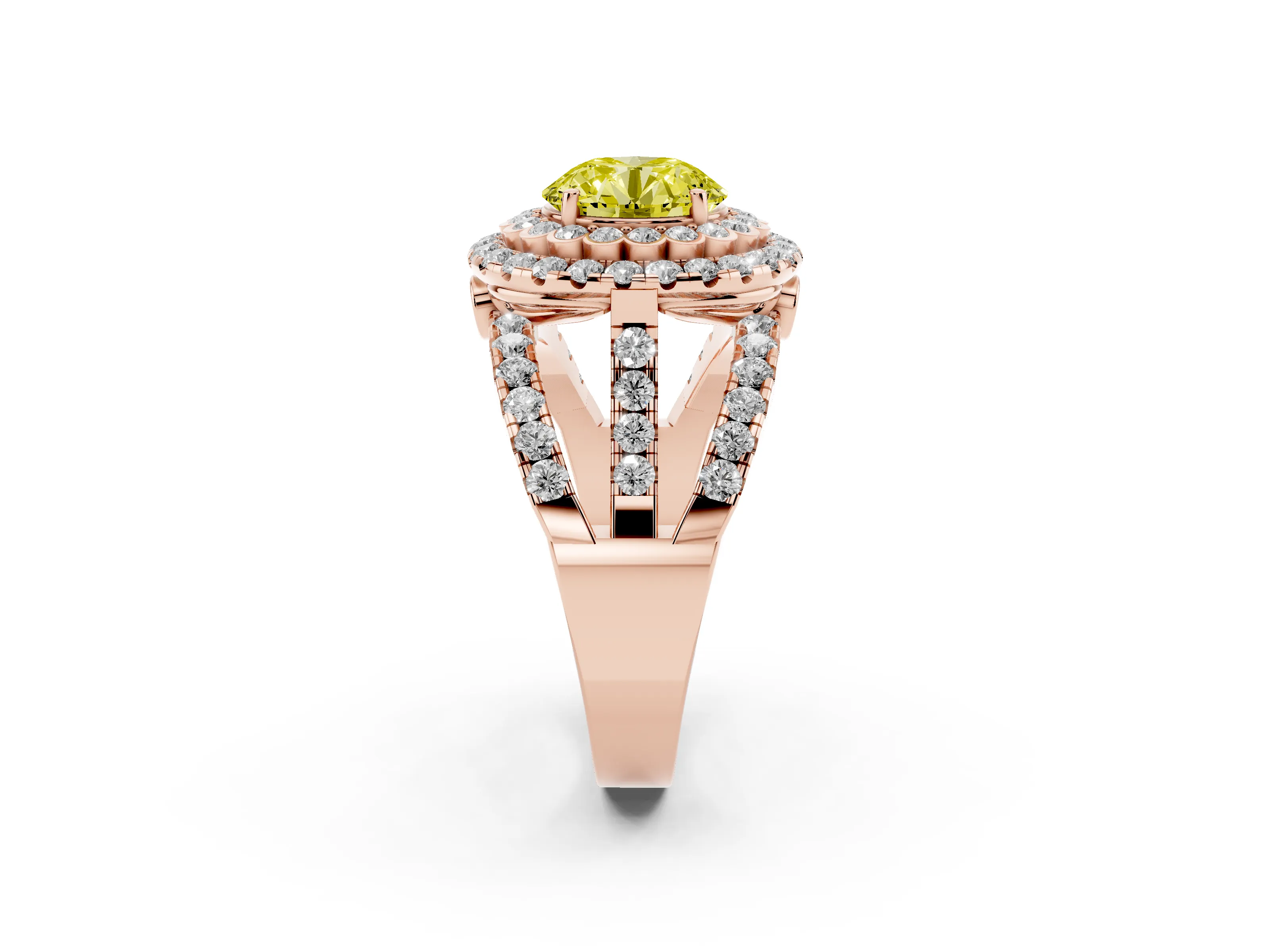 Fancy Yellow Round Cut Diamond Double Halo Ring Set in Rose gold with Round Pavé Split Shank