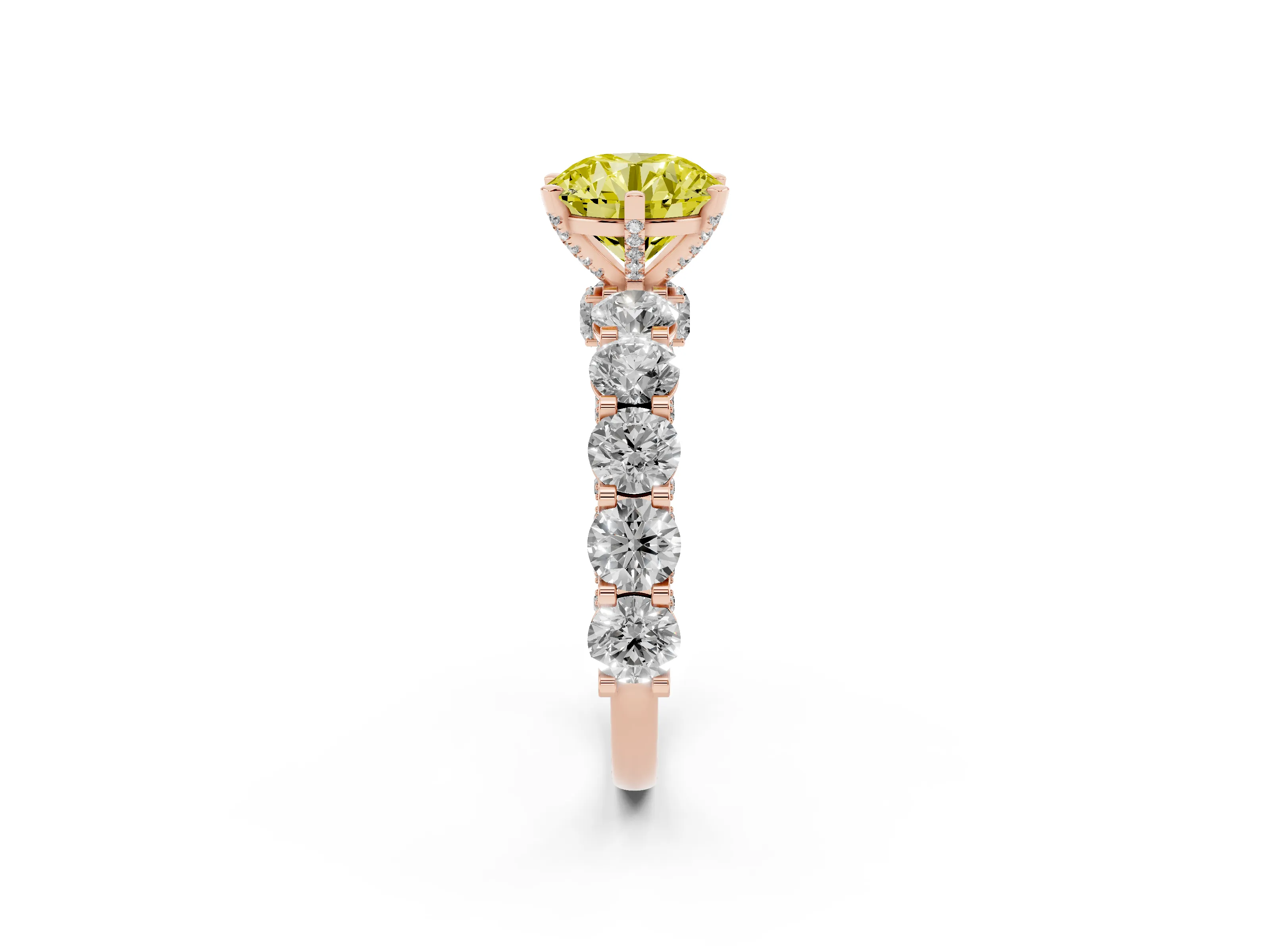 Fancy Yellow Round Cut Diamond Side Stone Ring Set in Rose gold with Alternating Round and Oval Side Stones