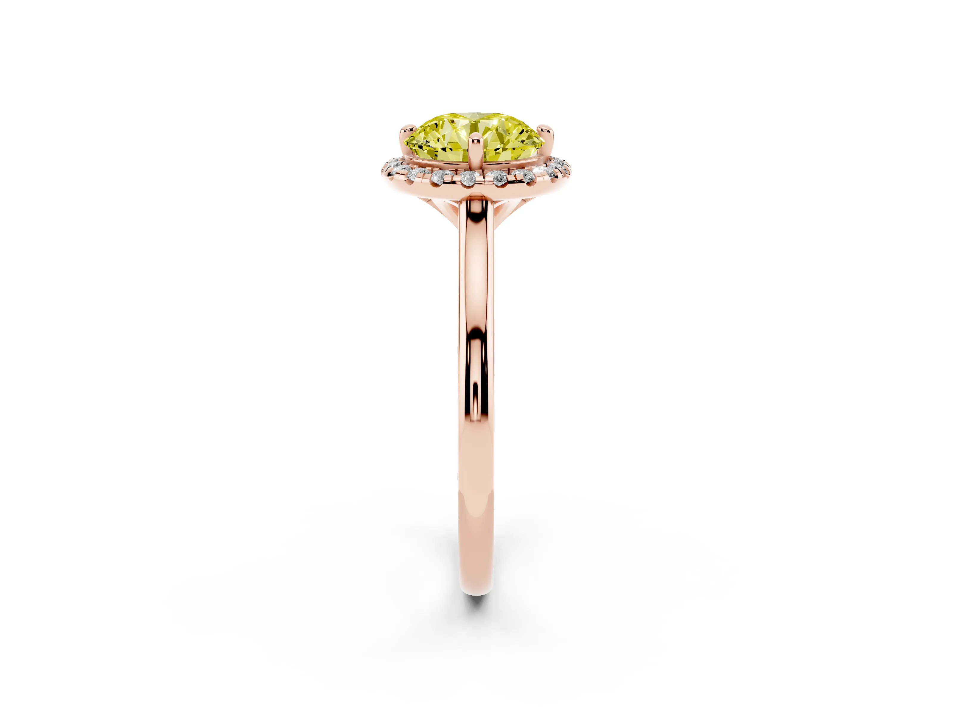Fancy Yellow Round Cut Diamond Halo Engagement Ring Set in Rose gold with Pavé Band and Rising Shoulders