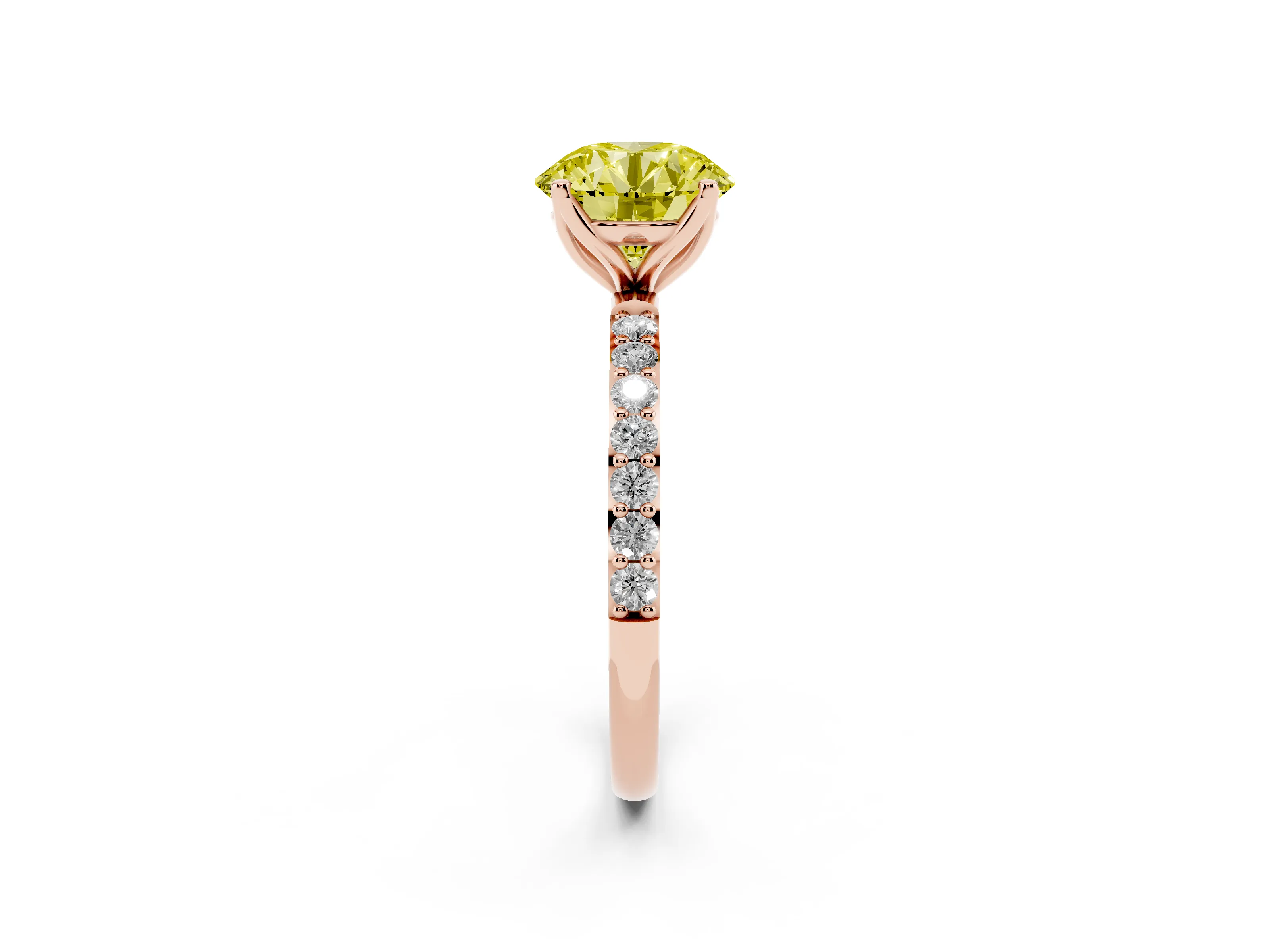 Fancy Yellow Round Cut Diamond Solitaire Engagement Ring Set in Rose gold with Round Pavé Band and Prong Setting