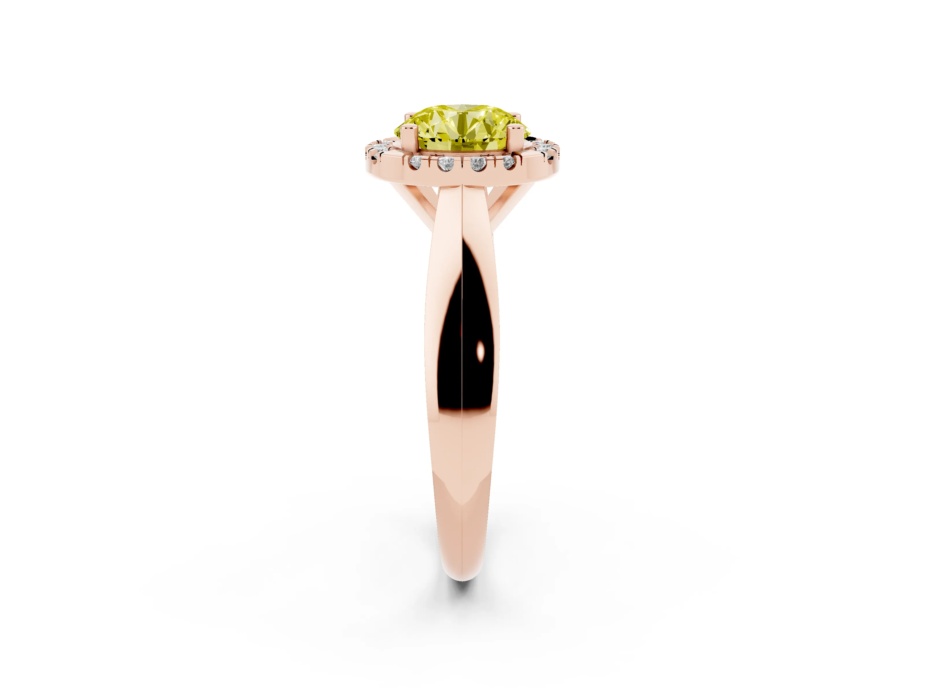 Fancy Yellow Round Cut Diamond Halo Solitaire Engagement Ring Set in Rose gold with Square Band and Prong Setting