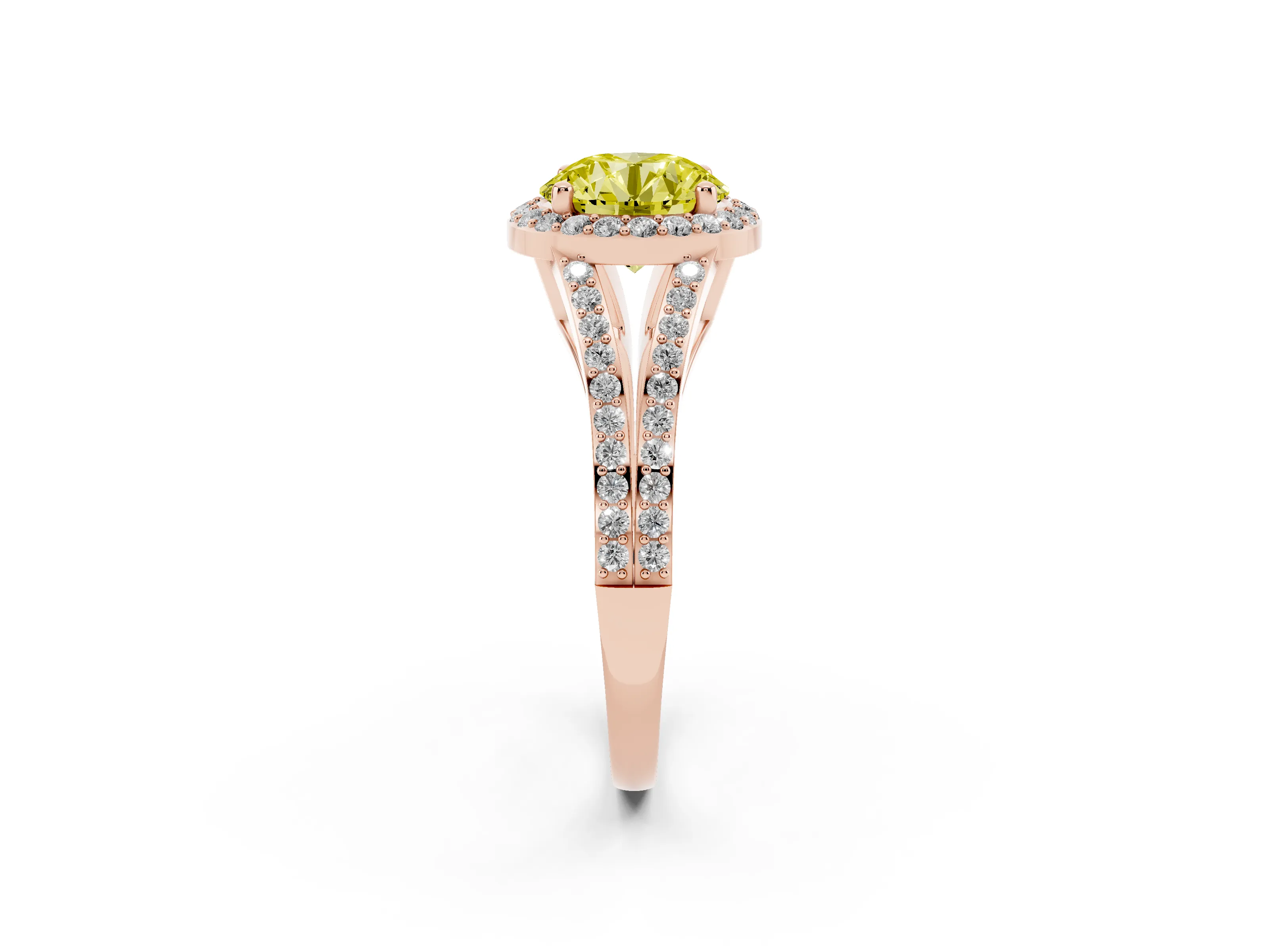 Fancy Yellow Round Cut Diamond Halo Split Shank Pavé Ring Set in Rose gold with Prong Setting