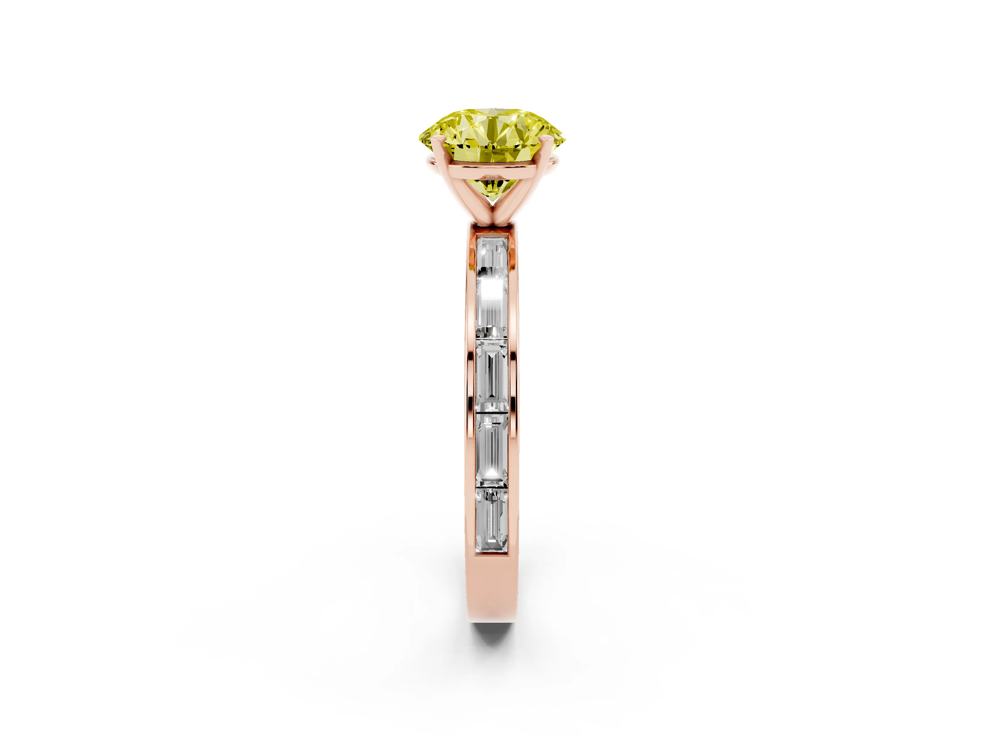 Fancy Yellow Round Cut Diamond Solitaire Ring Set in Rose gold with Channel-Set Baguette Band and Prong Setting