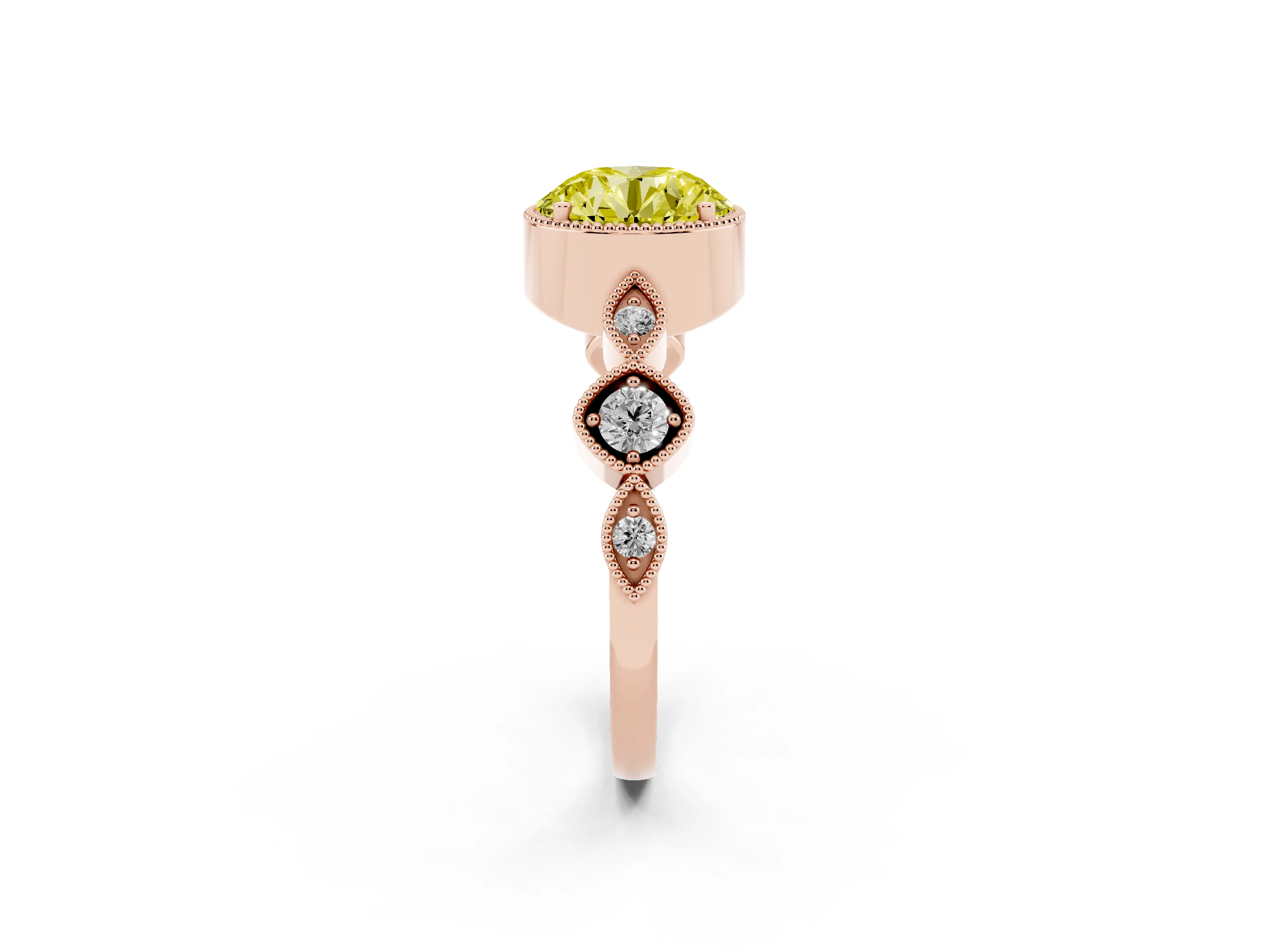 Fancy Yellow Round Cut Diamond Vintage-Inspired Milgrain Ring Set in Rose gold with Marquise Stations of Round Accents