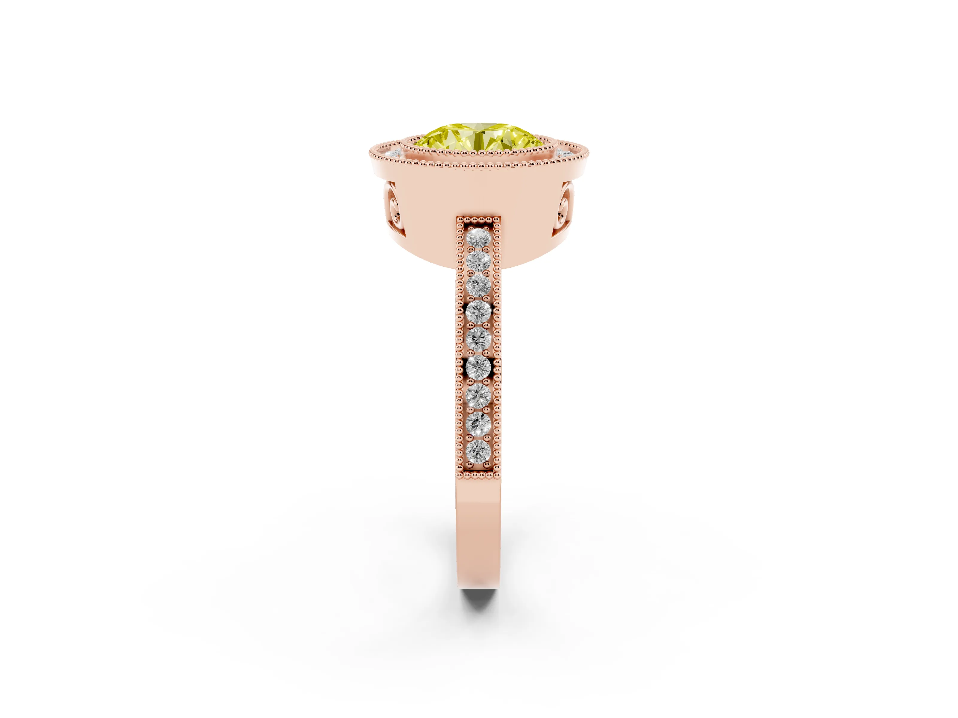 Fancy Yellow Round Cut Diamond Halo Ring Set in Rose gold with Pavé Band and Milgrain-Edged Prongs