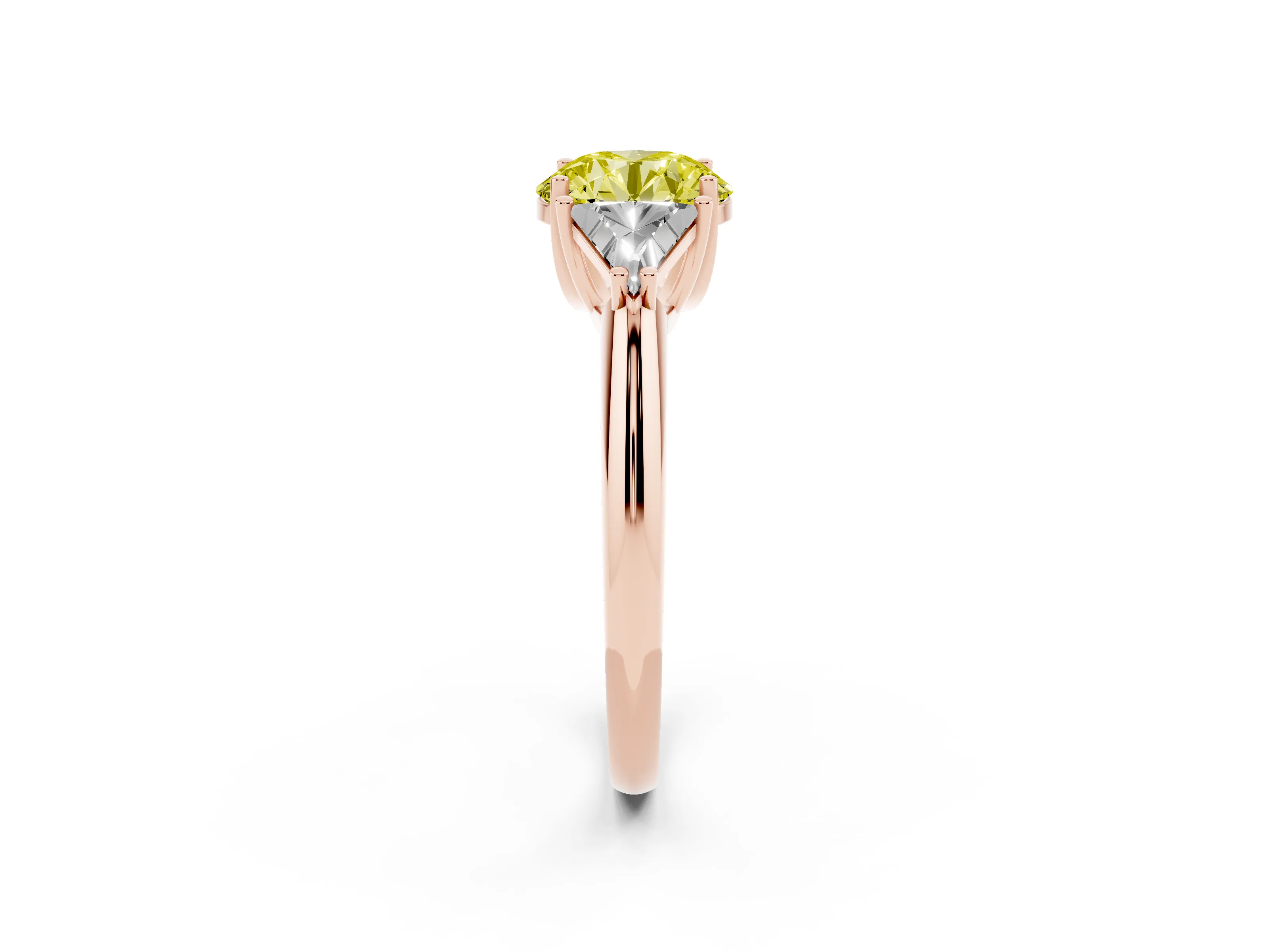 Fancy Yellow Round Cut Diamond Three-Stone Engagement Ring Set in Rose gold with Trillion Side Stones