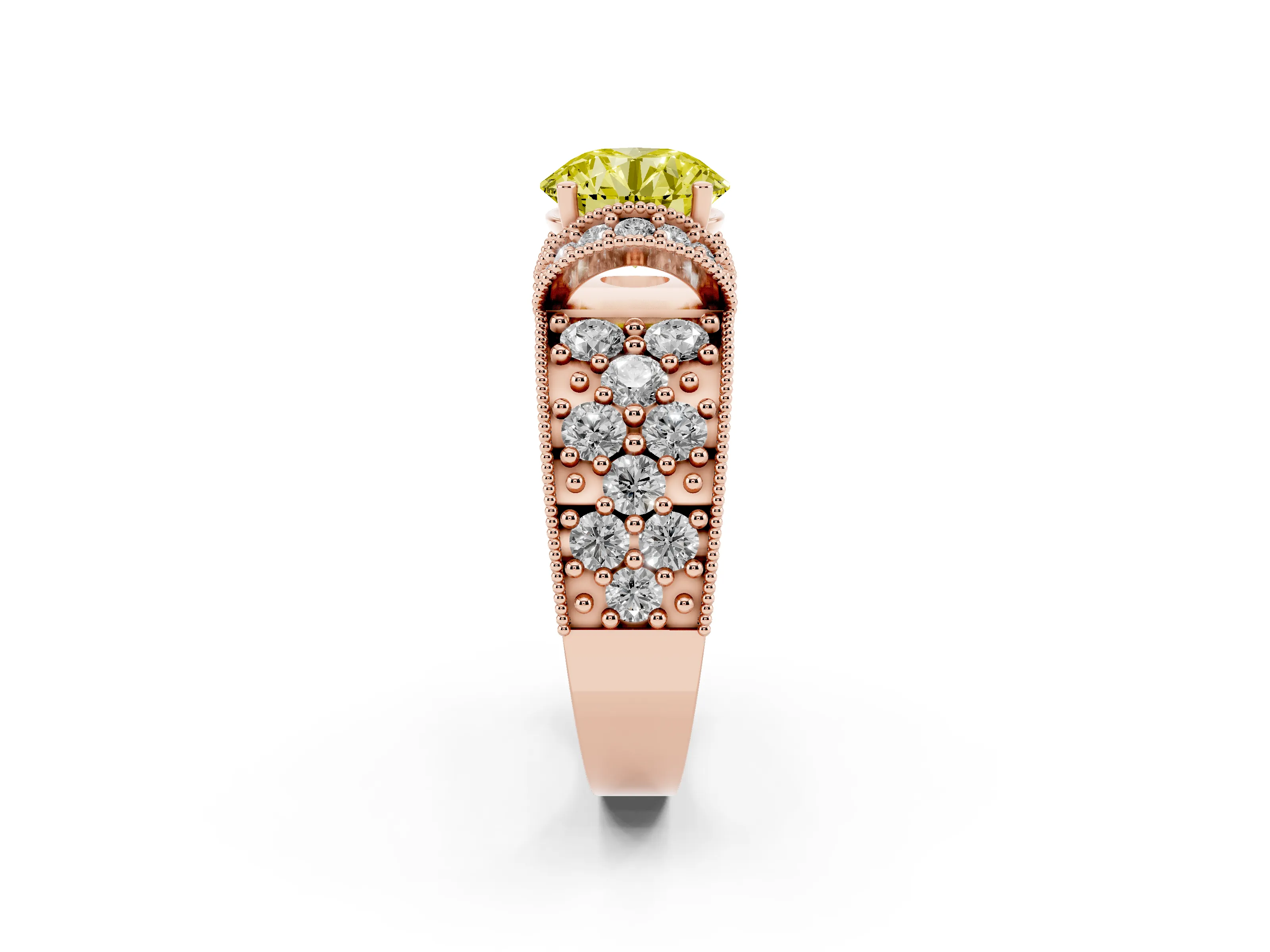Fancy Yellow Round Cut Diamond Milgrain Halo Pavé Engagement Ring Set in Rose gold with Prong Setting