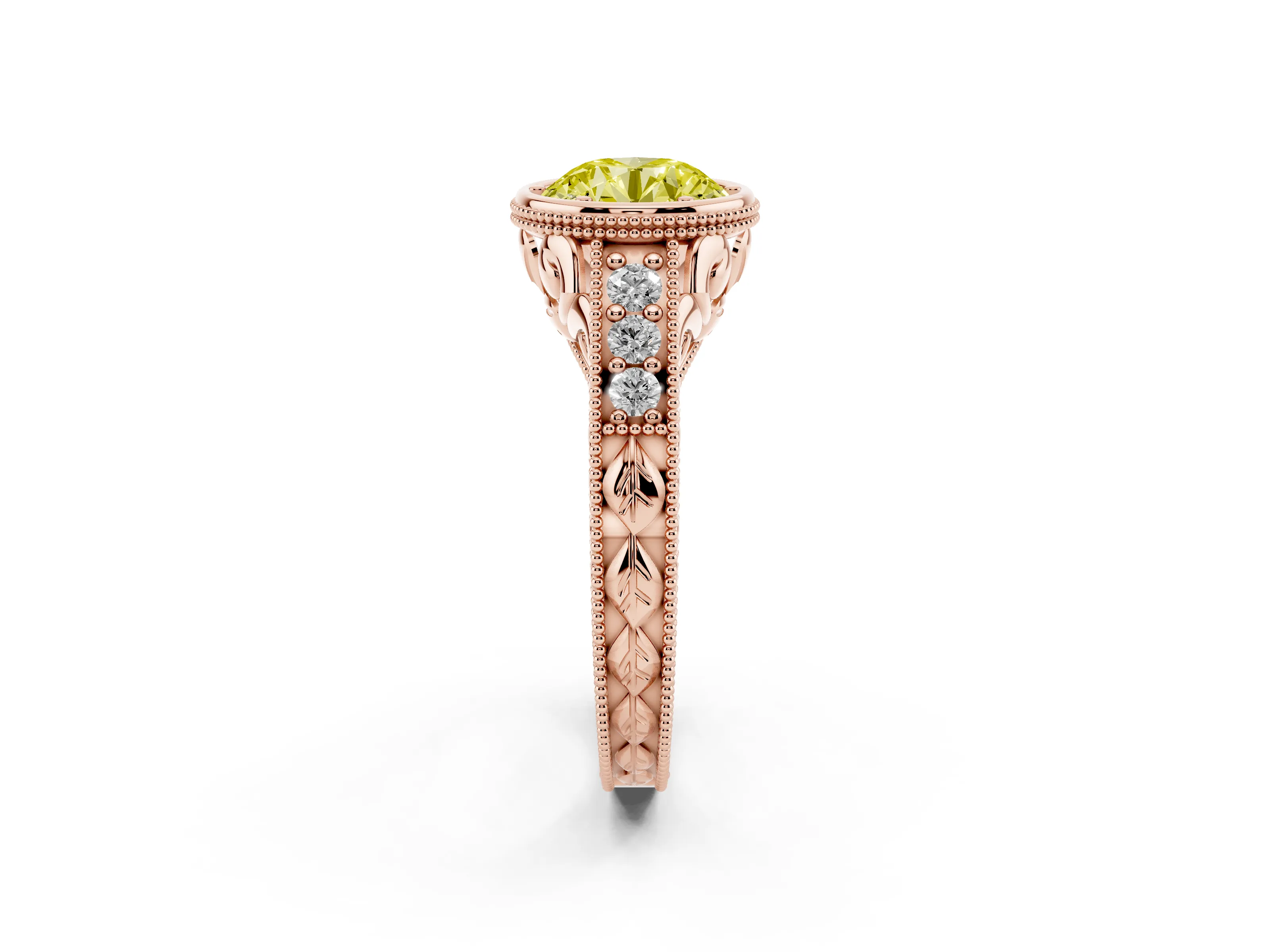 Fancy Yellow Bezel Set Round Cut Diamond Milgrain Pavé Engagement Ring Set in Rose gold