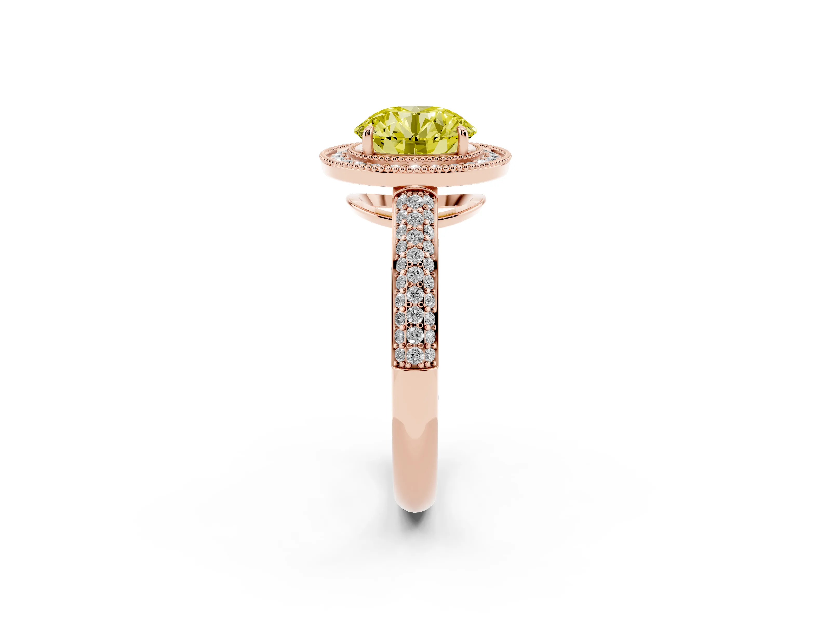 Fancy Yellow Round Cut Diamond Halo Pavé Band Set in Rose gold with Prong Setting