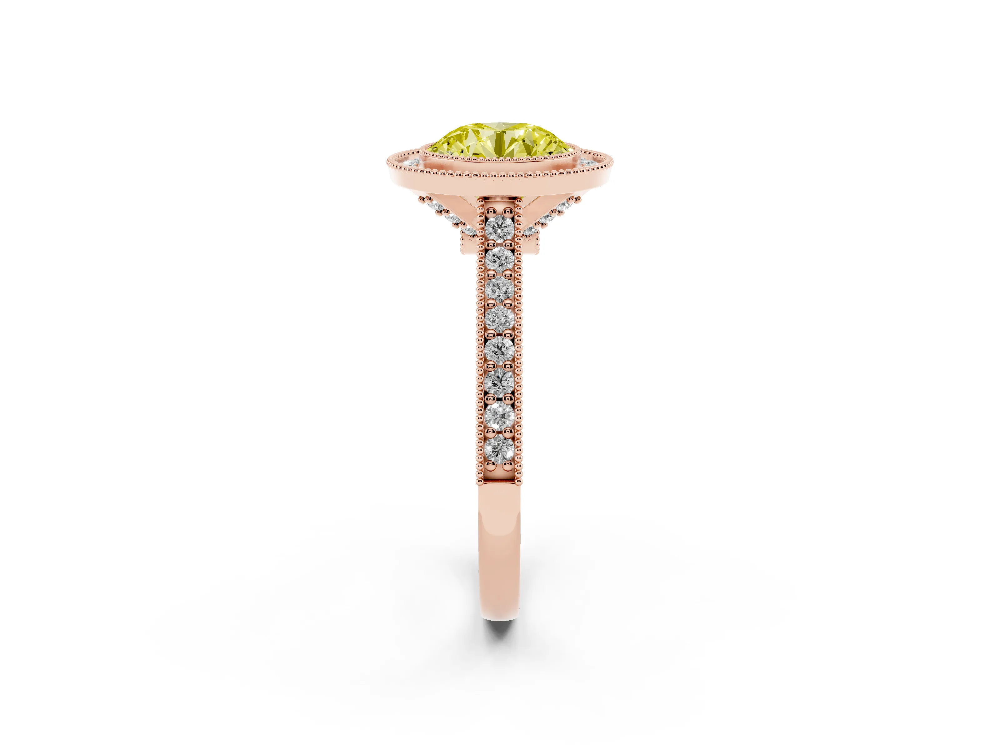 Fancy Yellow Round Cut Diamond Halo Milgrain Pavé Band Ring Set in Rose gold with Prong Setting