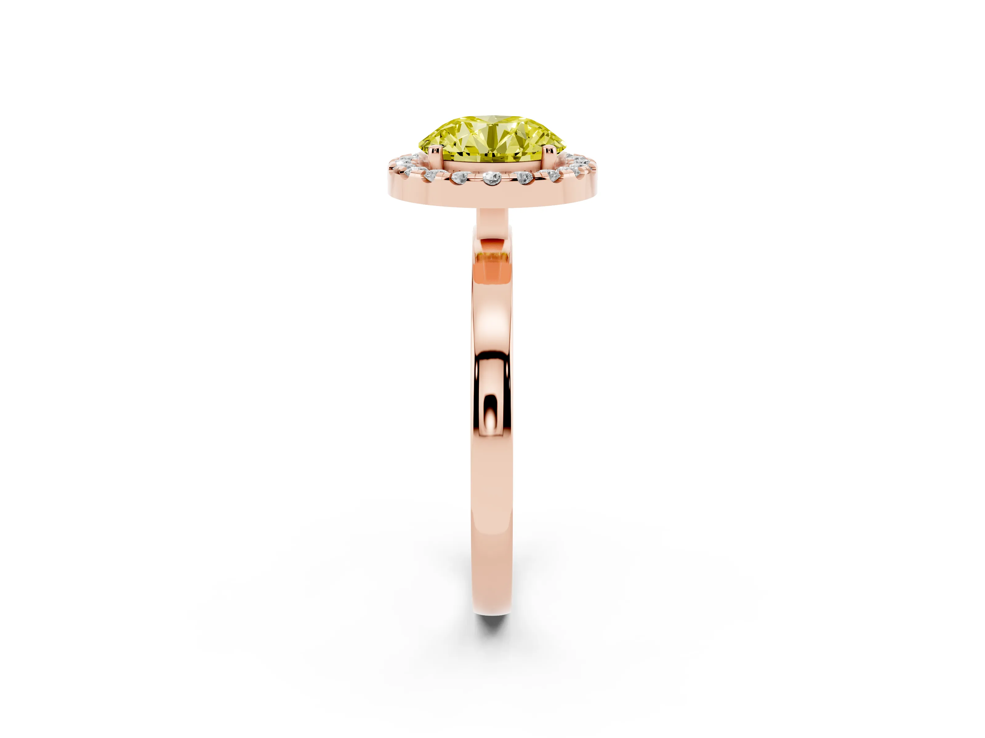 Fancy Yellow Round Cut Diamond Halo Solitaire Ring Set in Rose gold with Pavé Band and Prong Setting