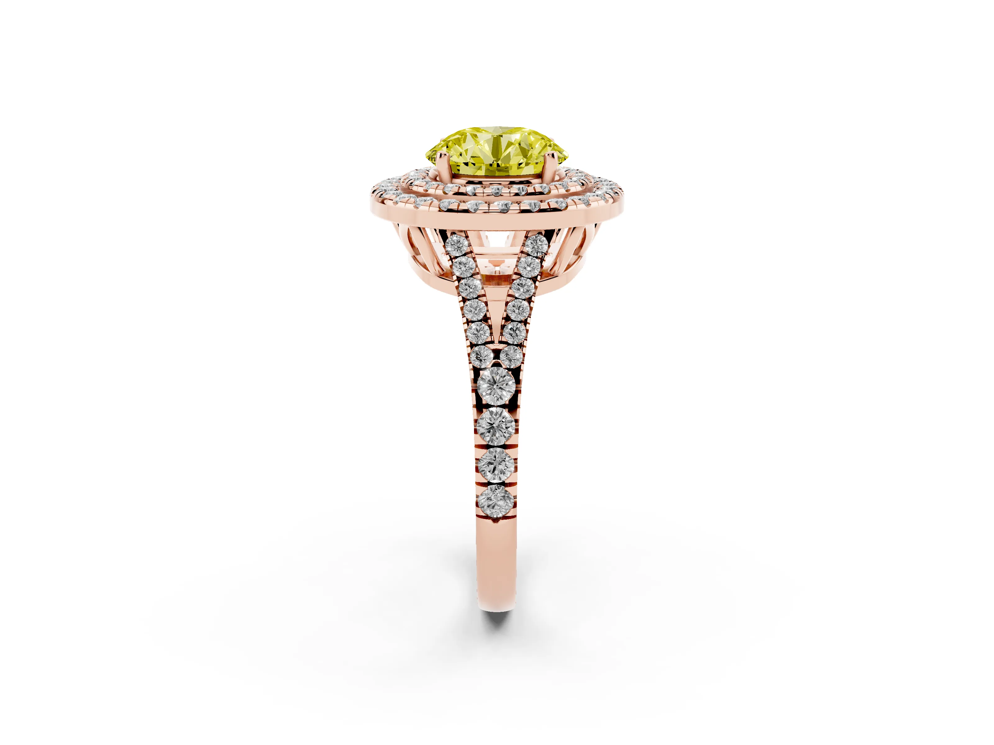 Fancy Yellow Round Cut Diamond Double Halo Ring Set in Rose gold with Pavé Band