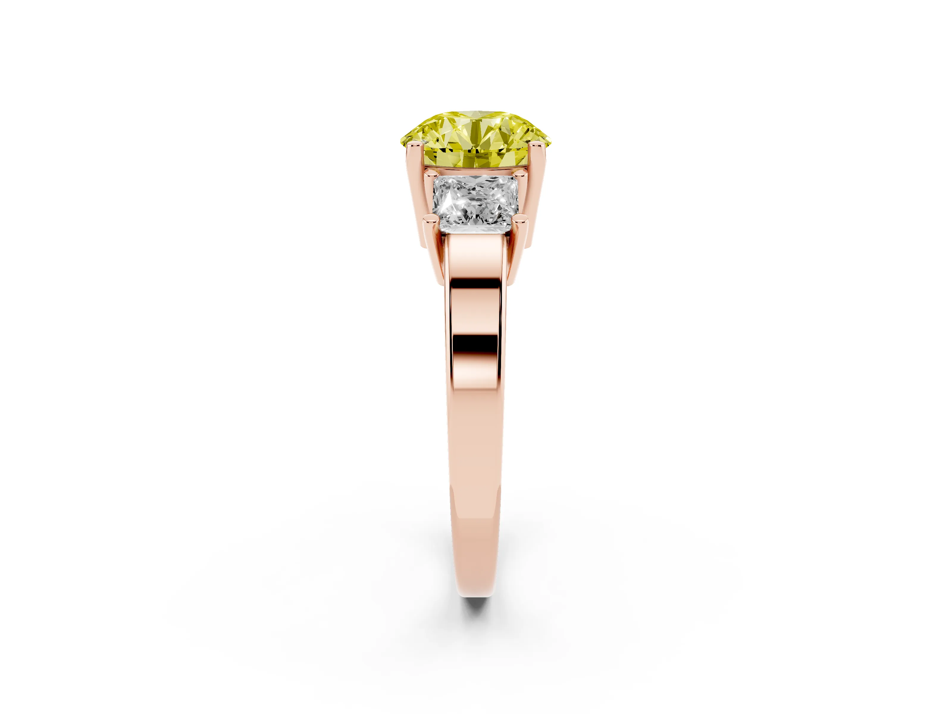 Fancy Yellow Three-Stone Round Cut Diamond Solitaire Ring Set in Rose gold with Prong Setting