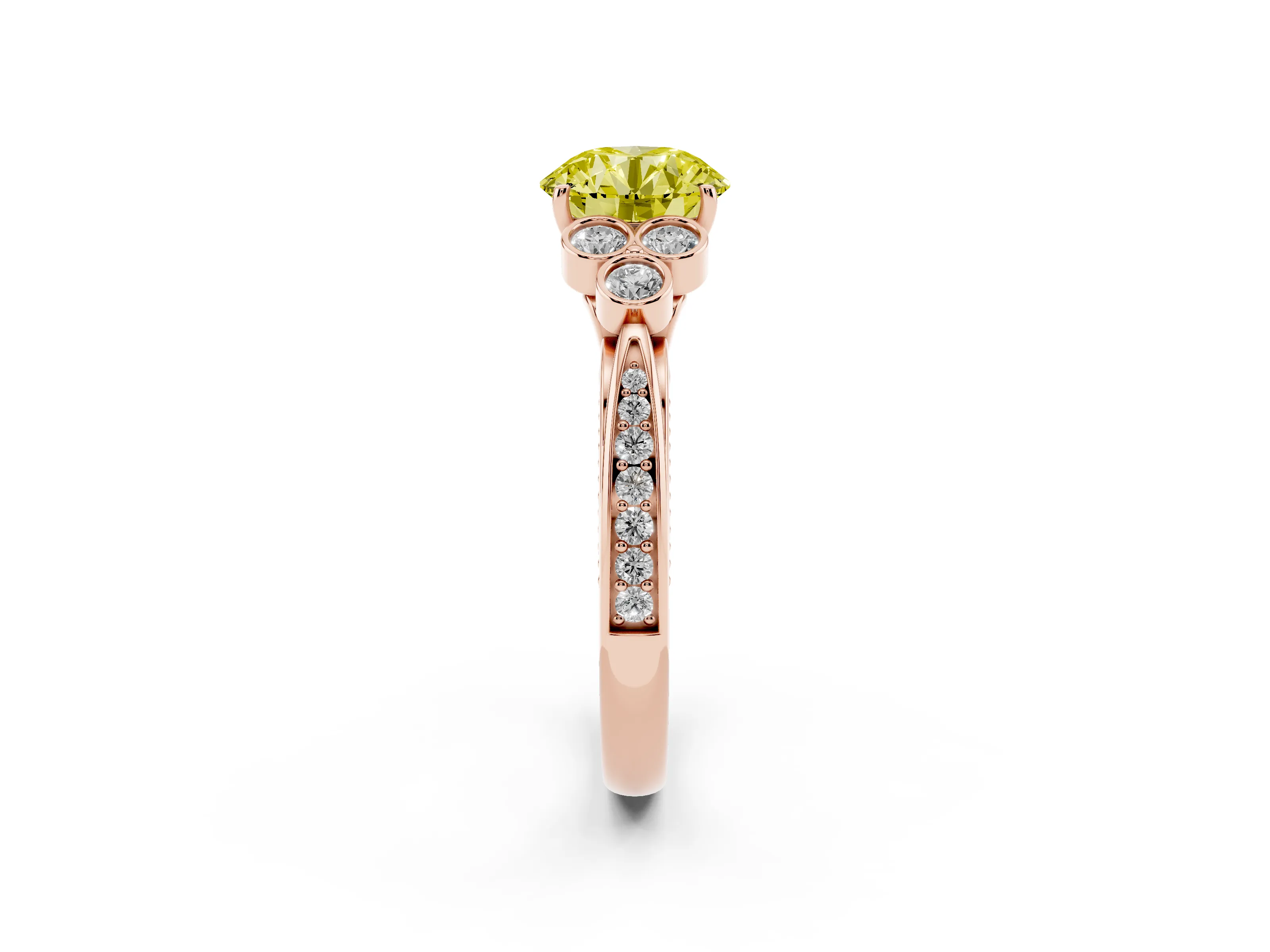 Fancy Yellow Round Cut Diamond Engagement Ring Set in Rose gold with Bezel Set Round Side Stones and Prong Setting