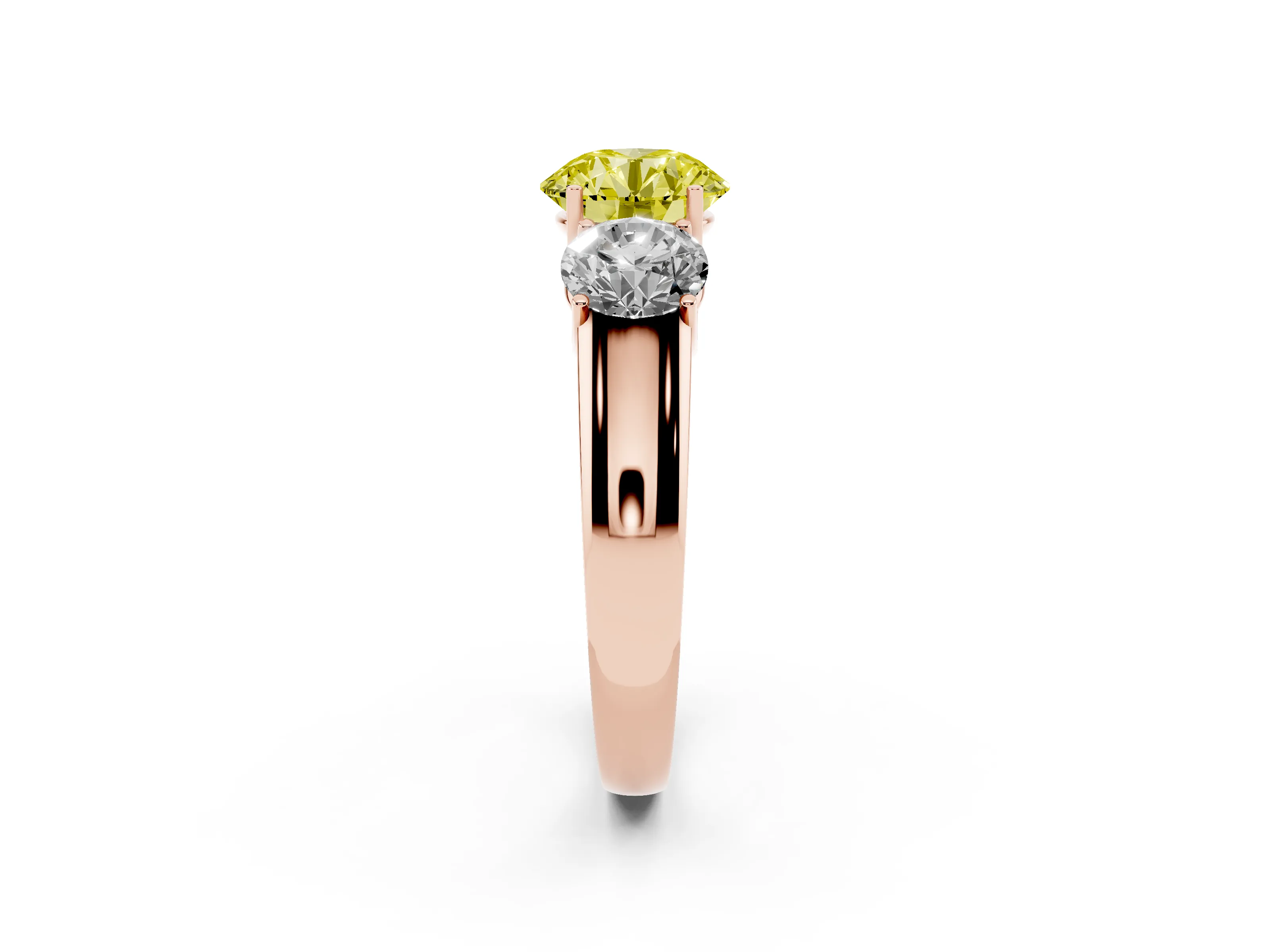 Fancy Yellow Three-Stone Round Cut Diamond Ring Set in Rose gold with Matching Prong Settings and Plain Band