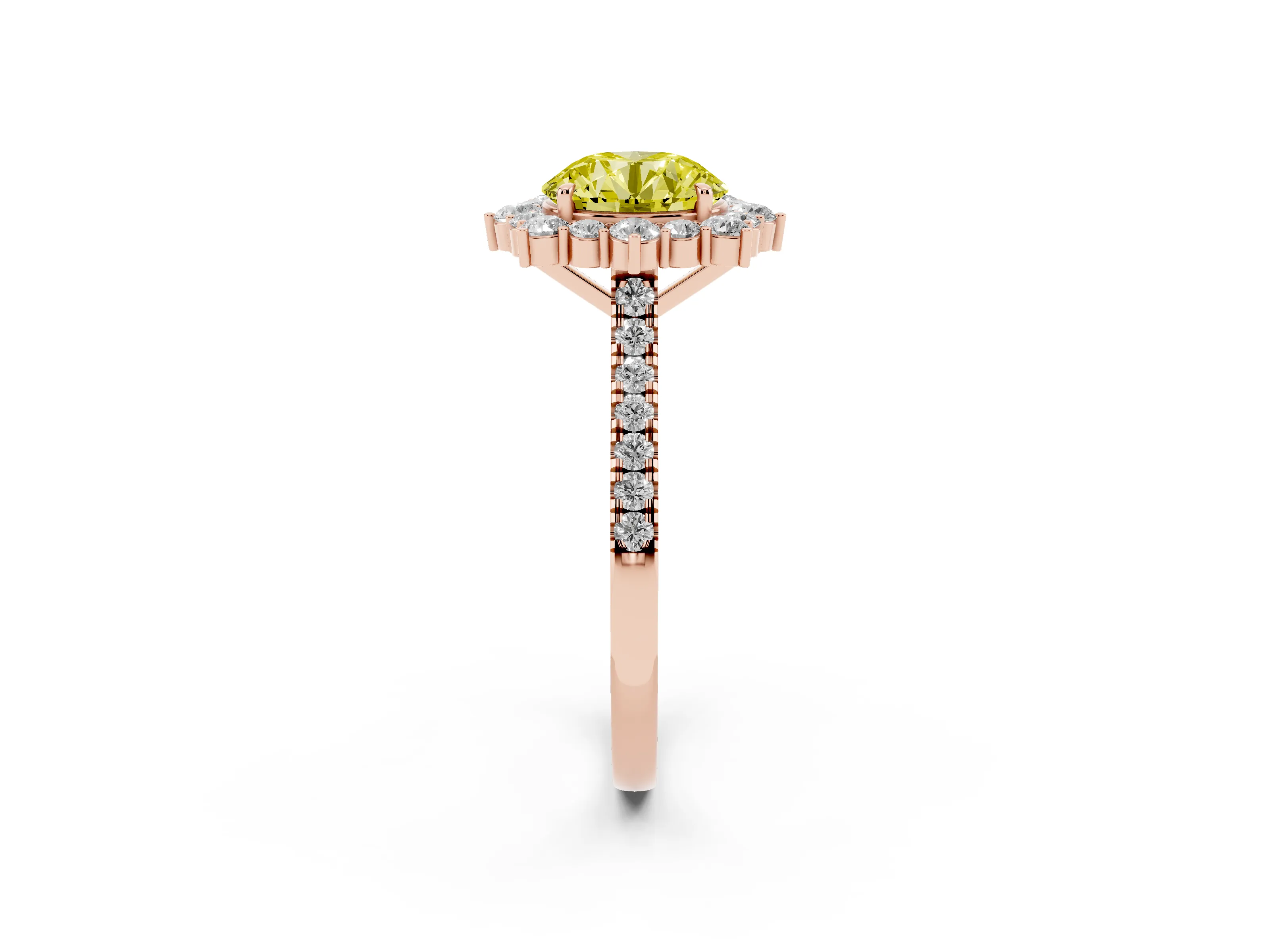 Fancy Yellow Round Cut Diamond Halo Ring Set in Rose gold with Pavé Band and Prong Setting