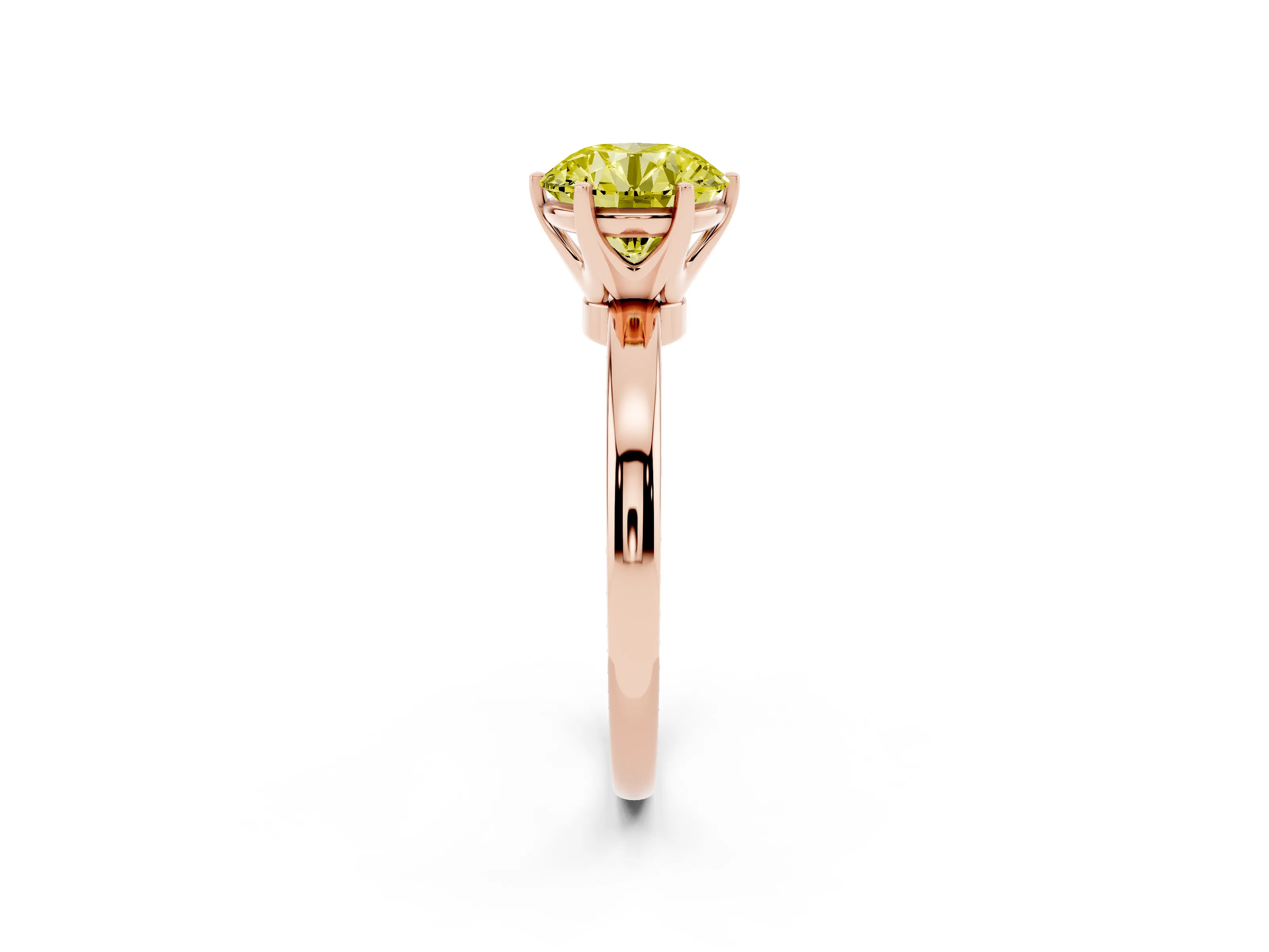Fancy Yellow Round Cut Diamond Solitaire Ring Set in Rose gold with Raised Prong Setting on a Classic Band