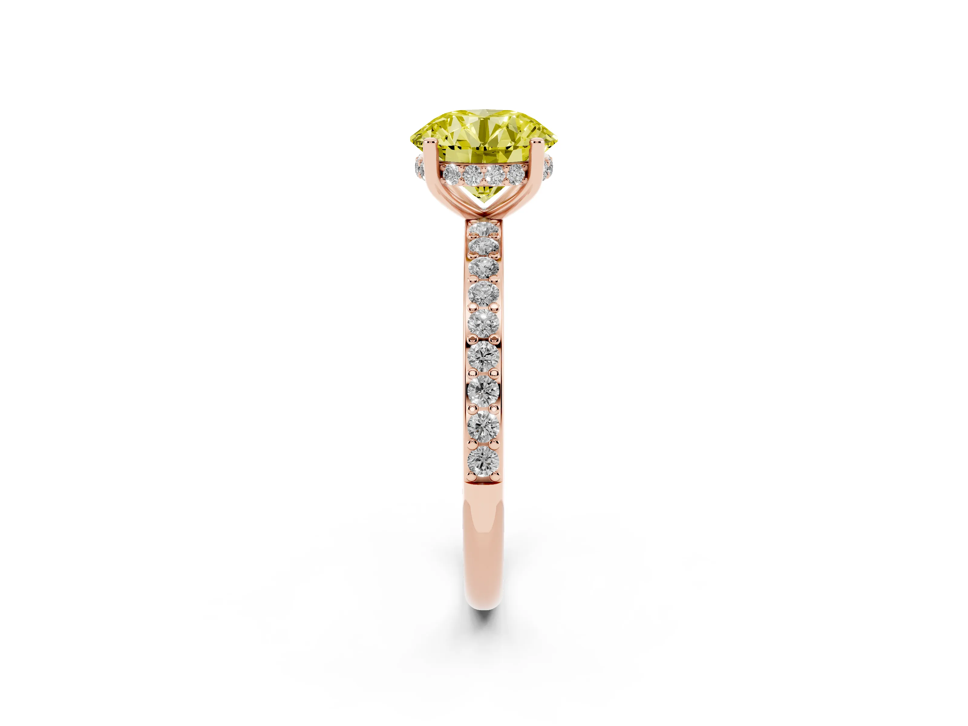 Fancy Yellow Round Cut Diamond Pavé Band Ring Set in Rose gold with Prong-Set Center Stone