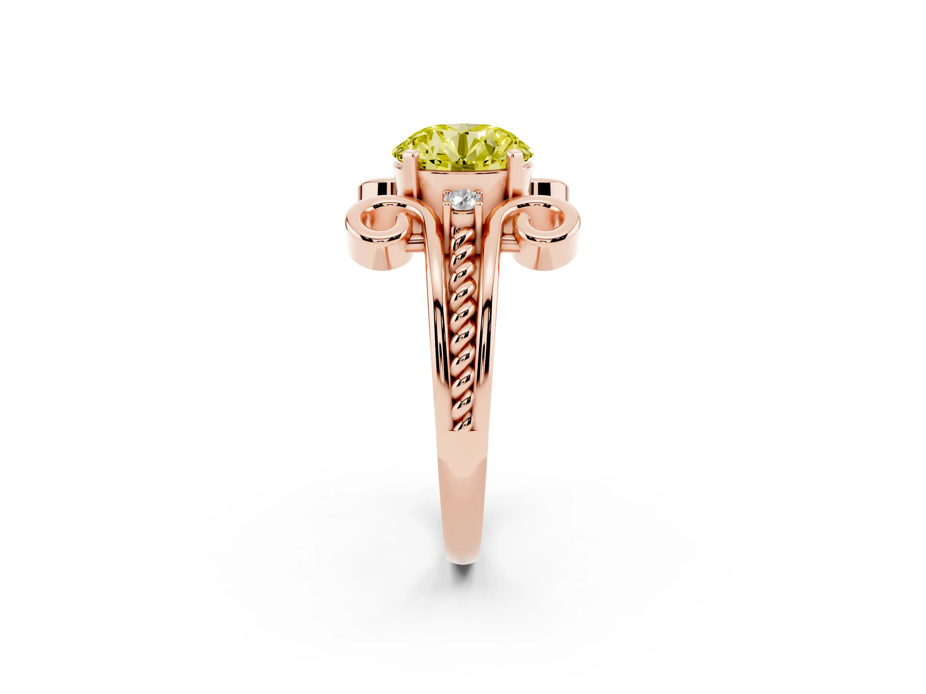 Fancy Yellow Round Cut Diamond Twisted Band Solitaire Ring Set in Rose gold with Scroll Prongs