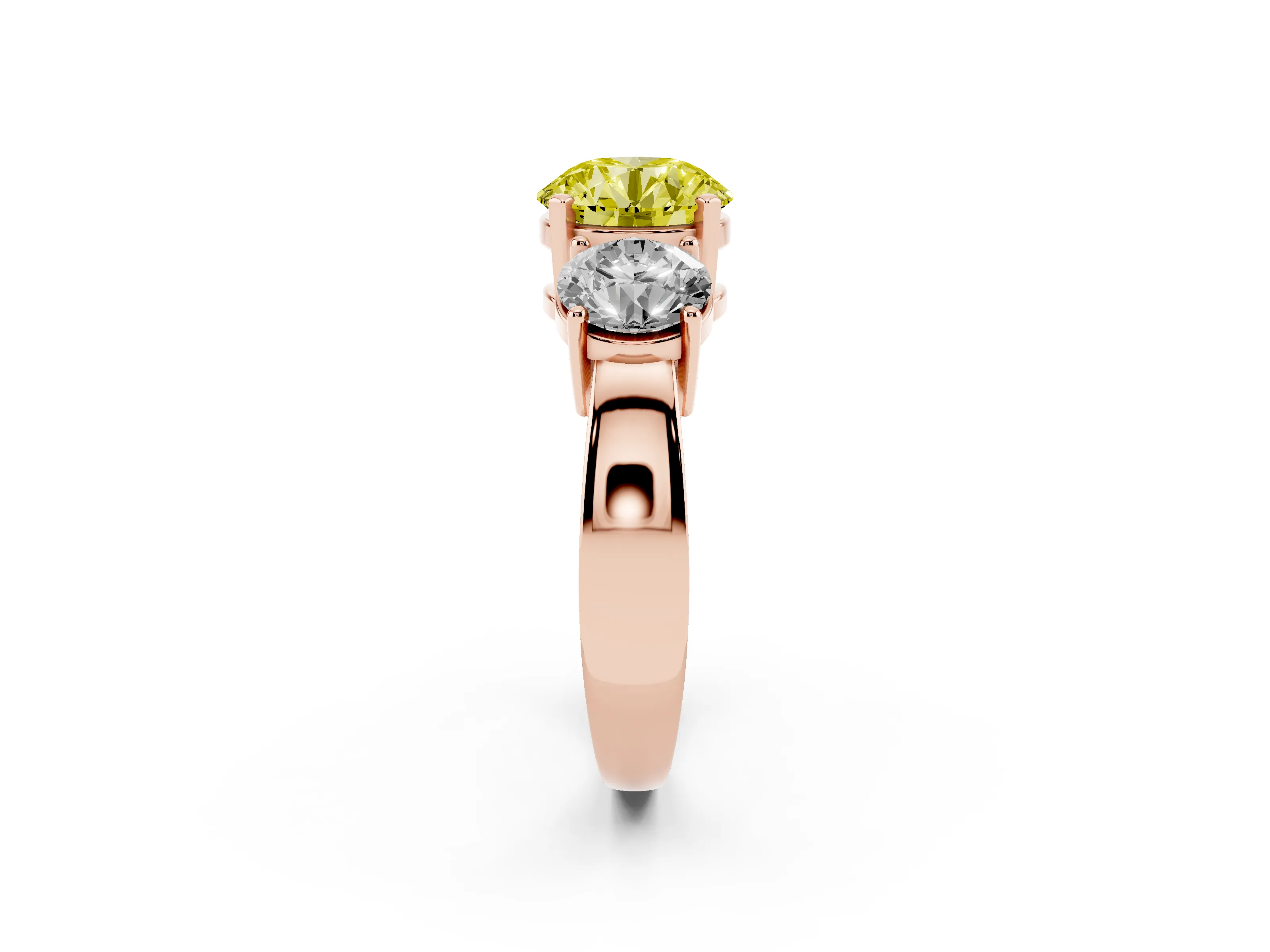 Fancy Yellow Round Cut Diamond Three-Stone Ring Set in Rose gold with Round Side Stones and Classic Band