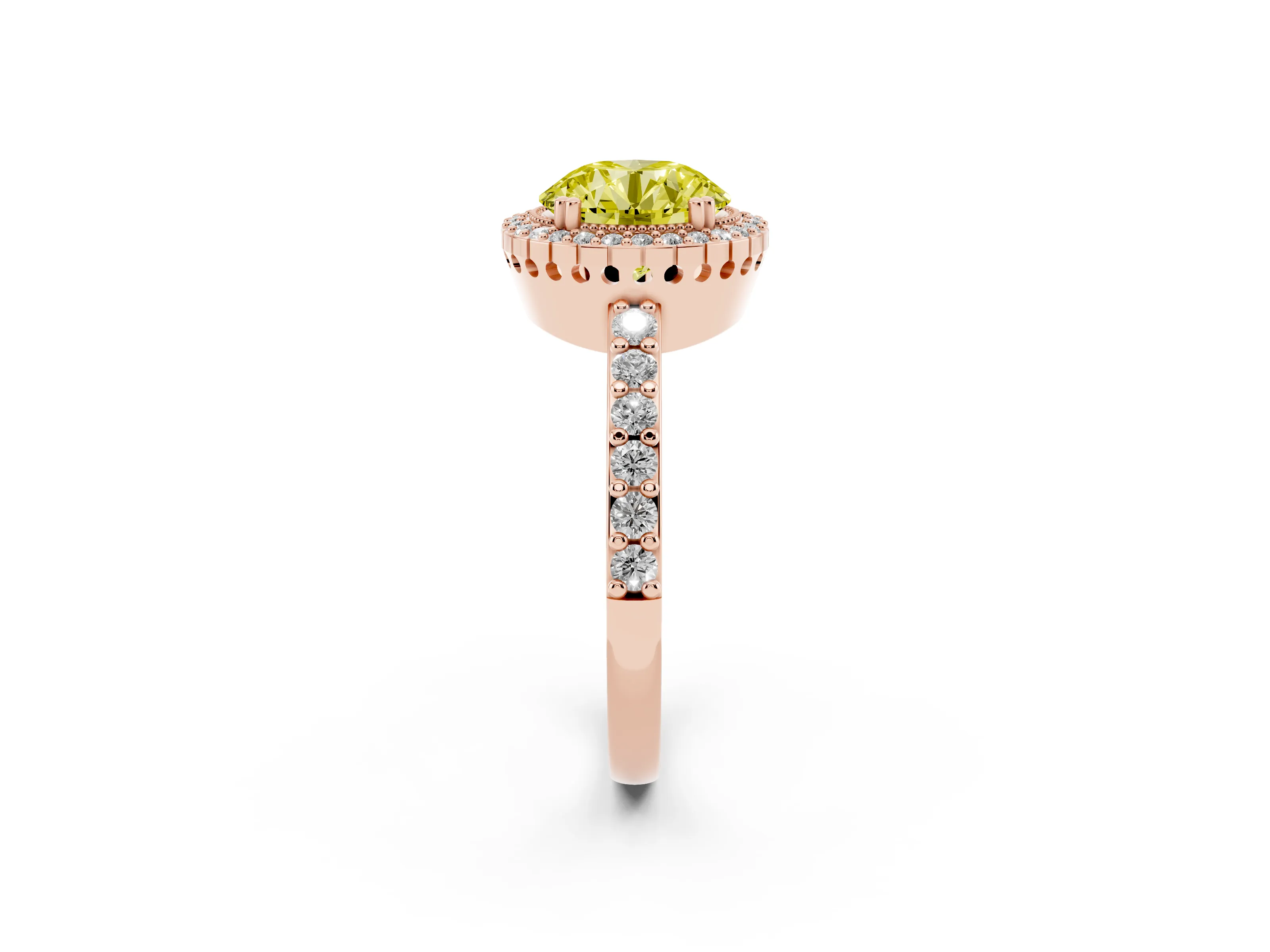 Fancy Yellow Round Cut Diamond Halo Engagement Ring Set in Rose gold with Milgrain Detail and Pavé Band