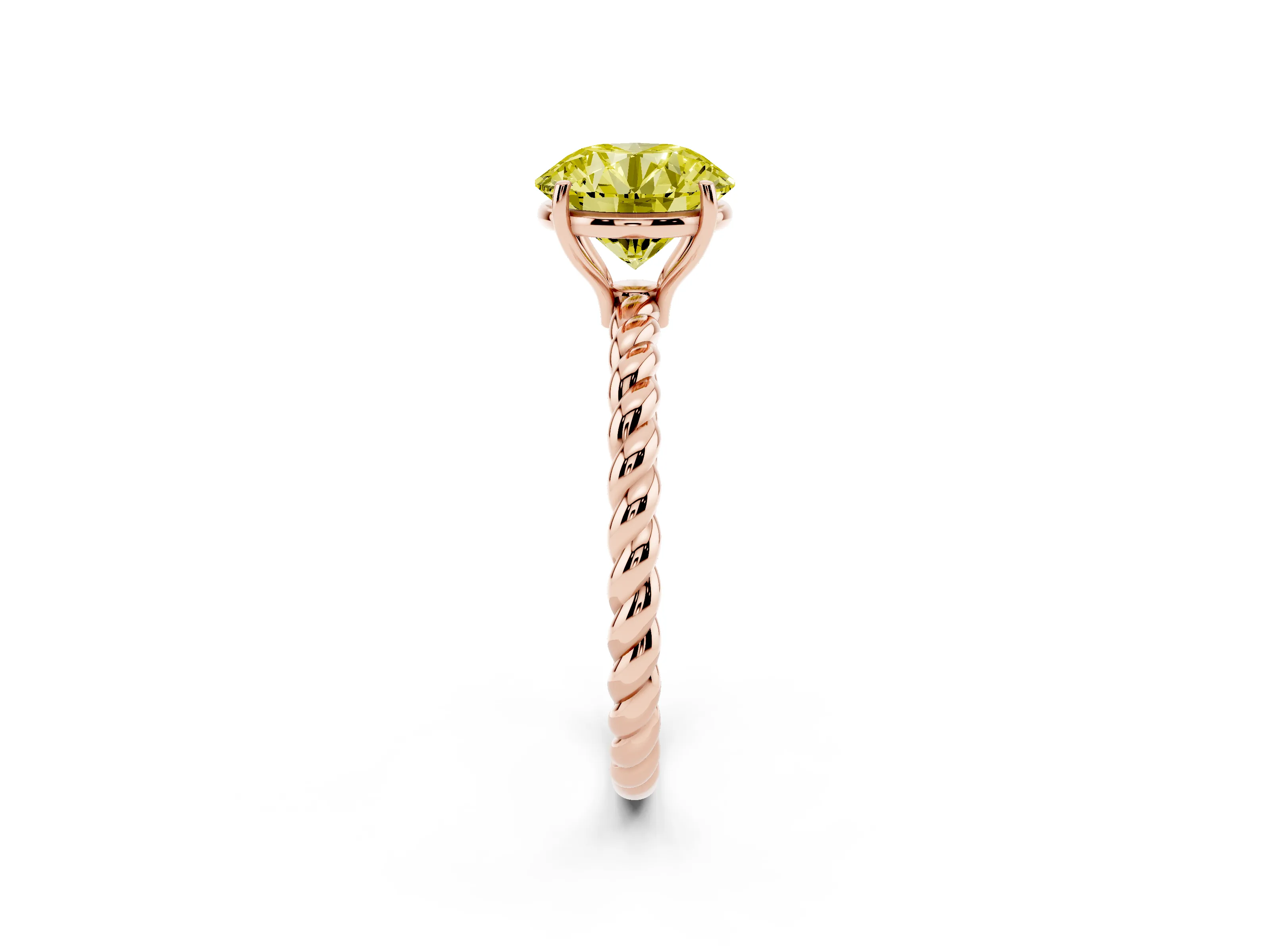 Fancy Yellow Round Cut Diamond Solitaire Ring Set in Rose gold with Twist Band and Prong Setting