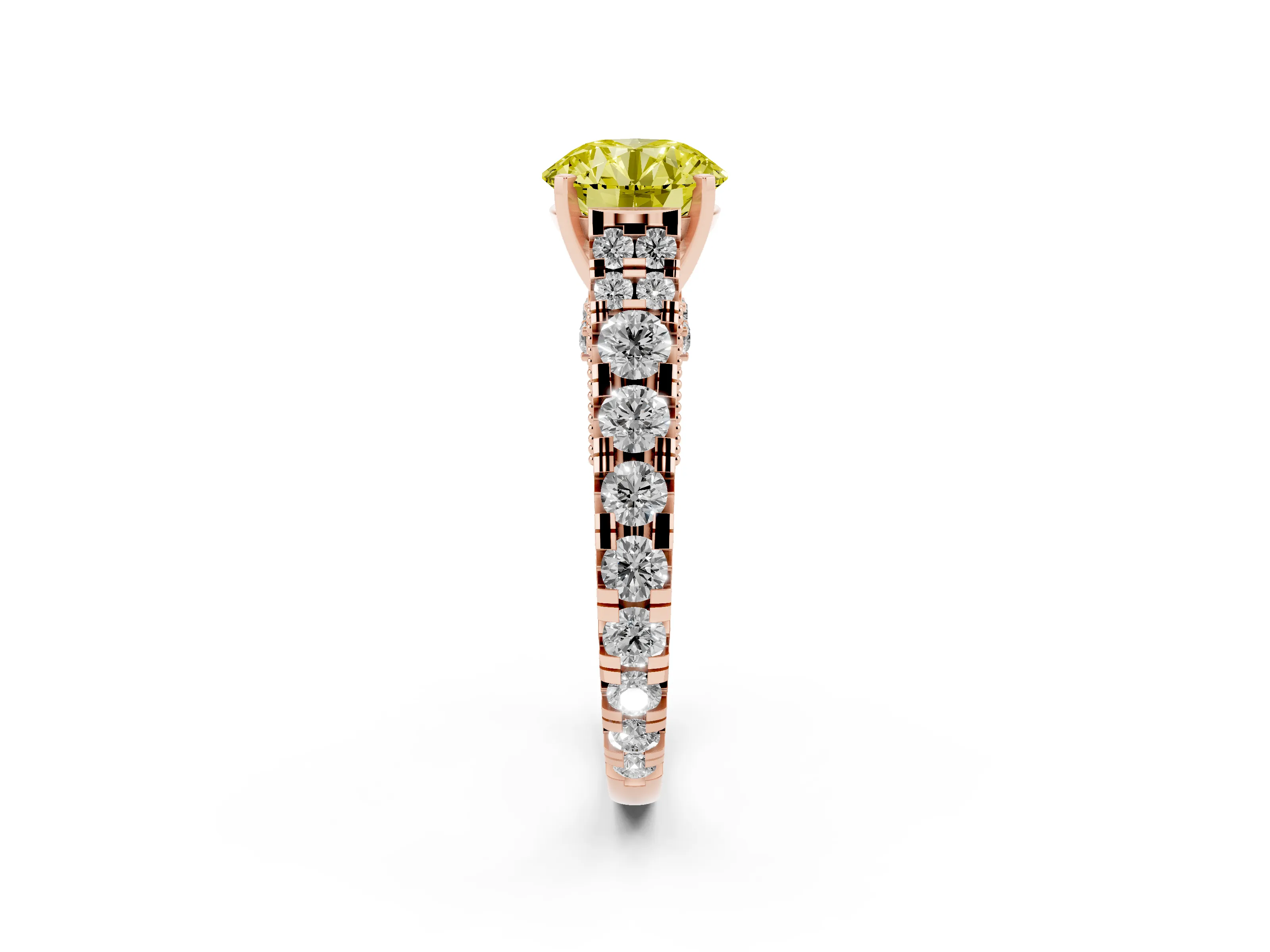 Fancy Yellow Round Cut Diamond Classic Solitaire Ring Set in Rose gold with Pavé Band and Prong Setting
