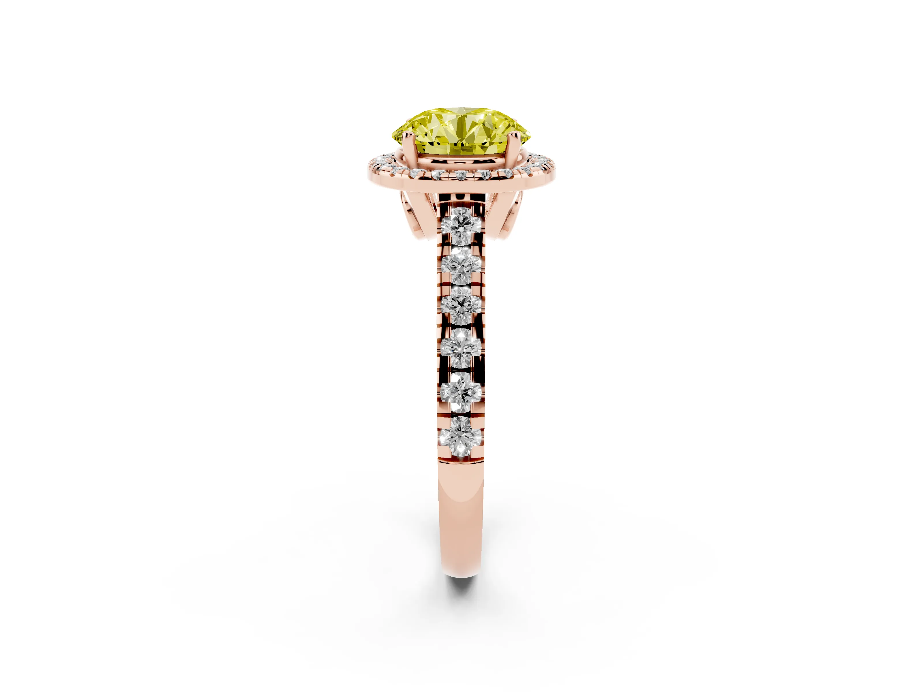 Fancy Yellow Round Cut Diamond Halo Engagement Ring Set in Rose gold with Pavé Band and Prong-Set Center