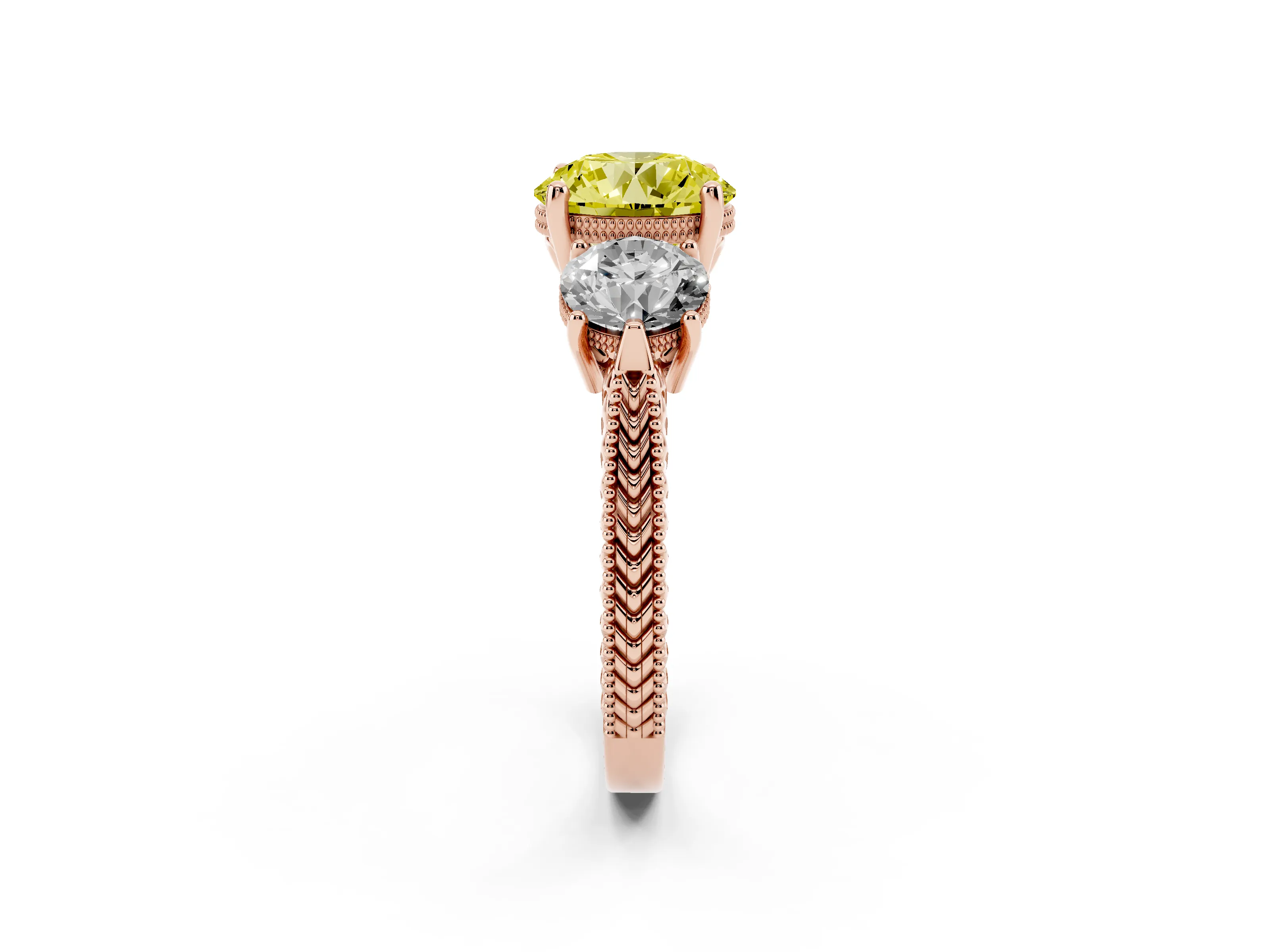 Fancy Yellow Round Cut Diamond Three-Stone Ring Set in Rose gold with Milgrain Band