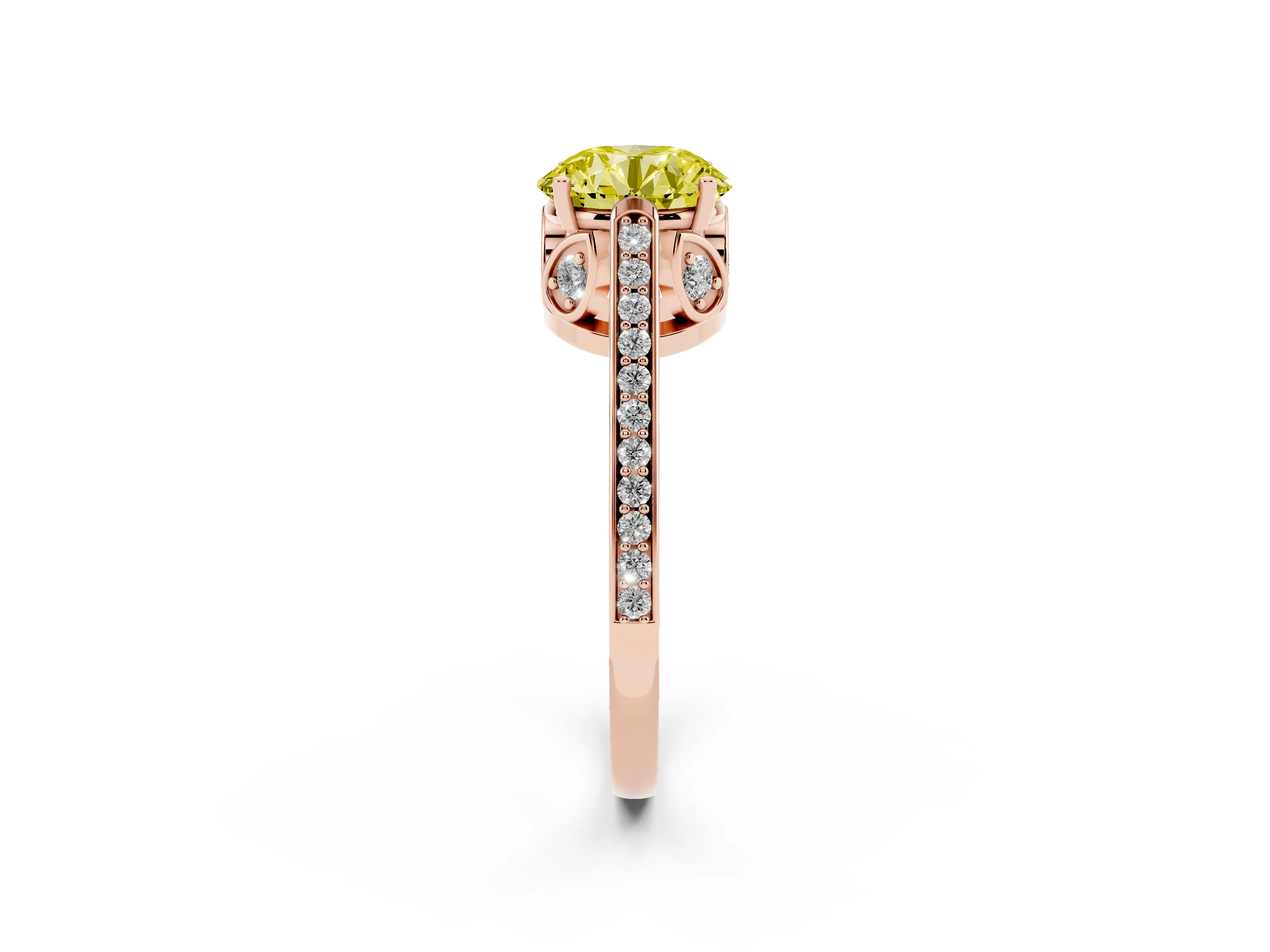 Fancy Yellow Round Cut Diamond Cathedral Pavé Engagement Ring Set in Rose gold with Prong Setting