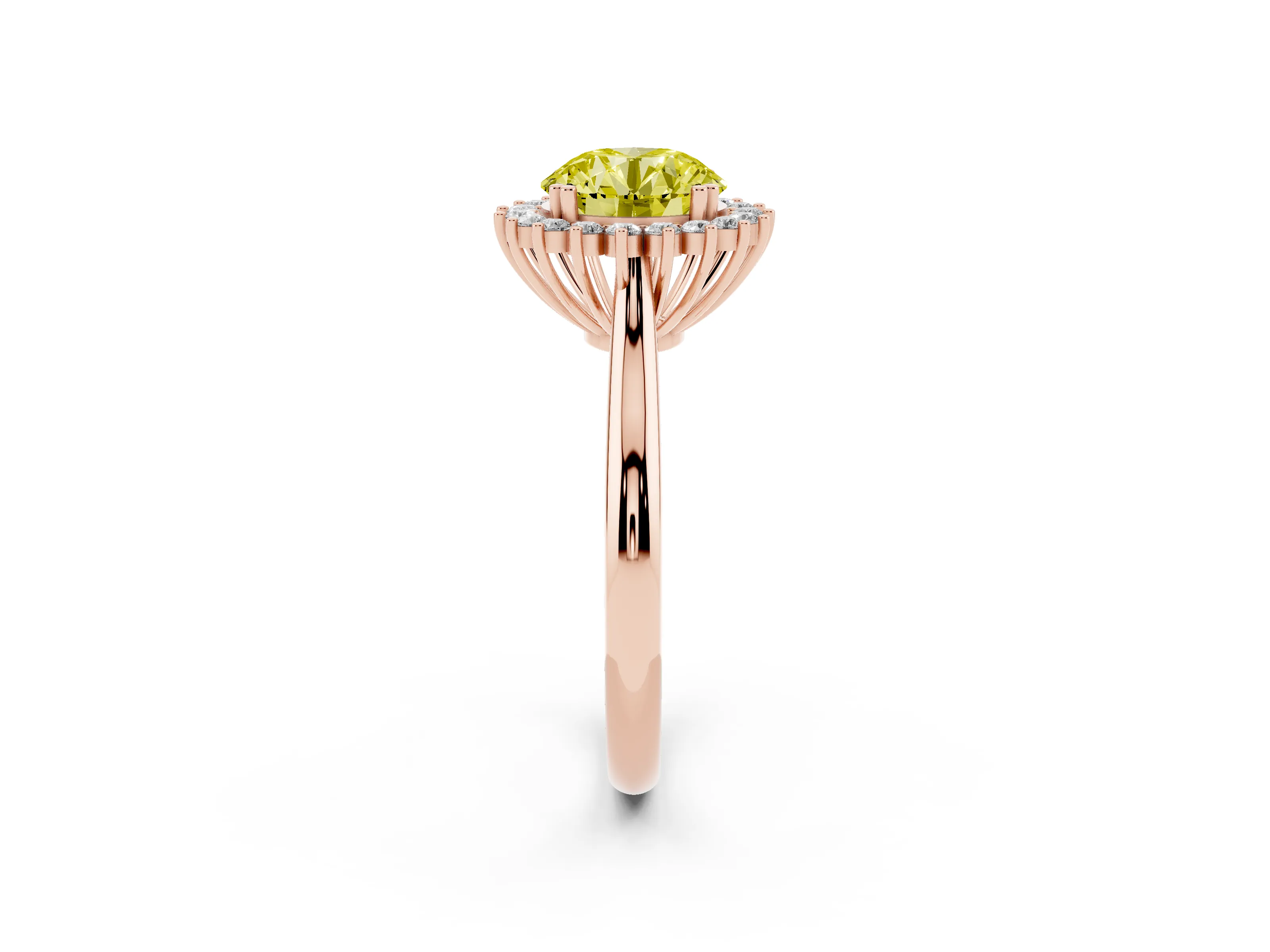 Fancy Yellow Round Cut Diamond Halo Ring Set in Rose gold with Plain Solitaire Band and Prong Setting