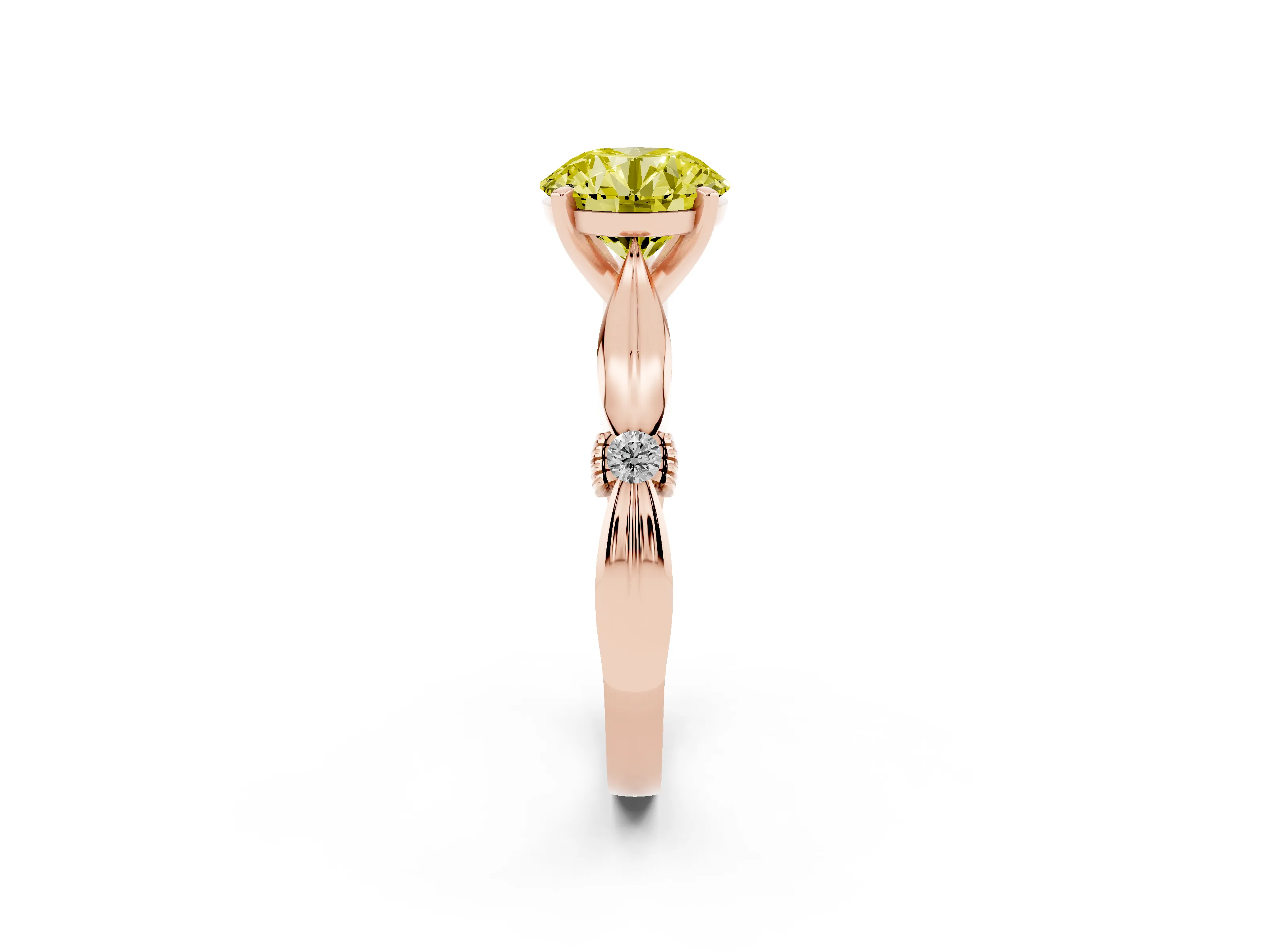 Fancy Yellow Round Cut Diamond Solitaire Twisted Band Ring Set in Rose gold with Accent Stones and Prong Setting