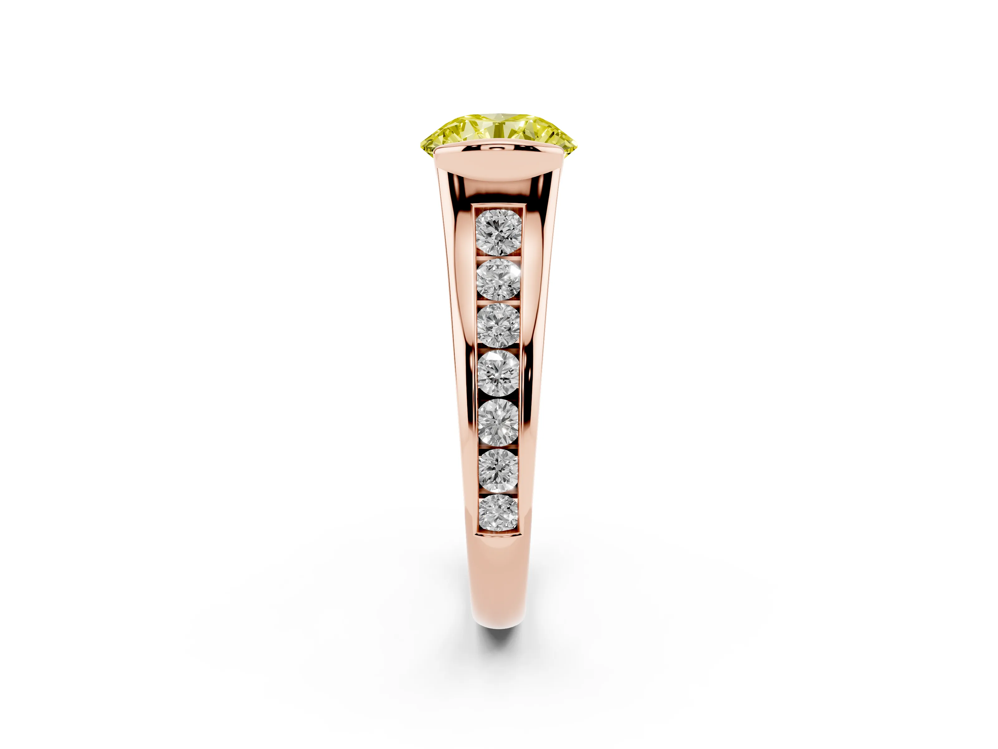 Fancy Yellow Round Cut Diamond Bezel-Set Solitaire Ring Set in Rose gold with Channel-Set Band