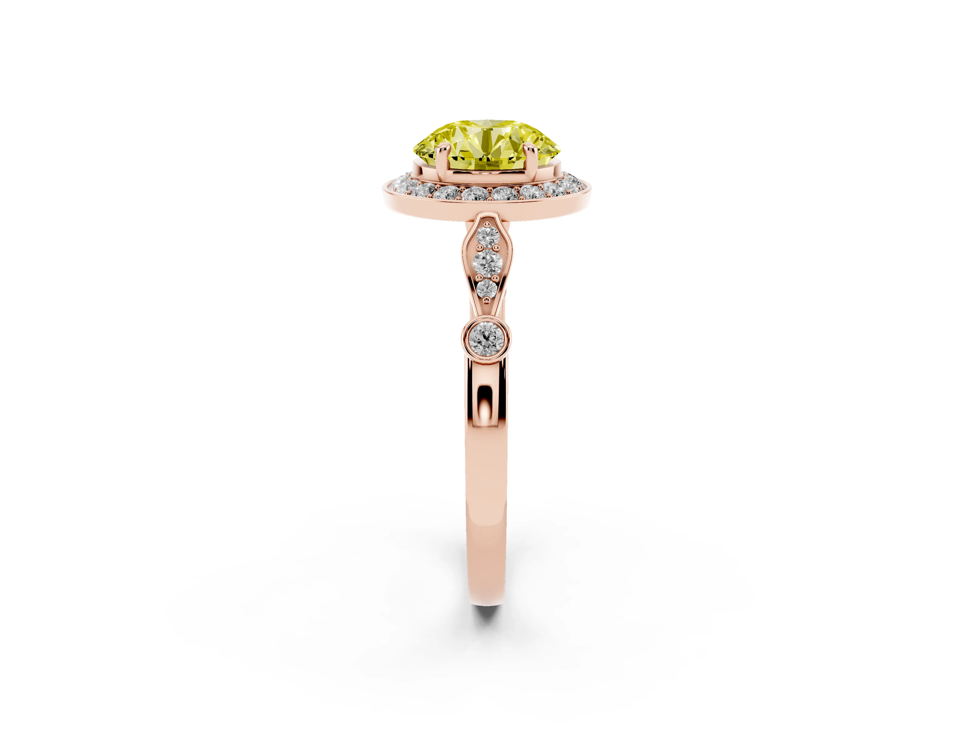 Fancy Yellow Round Cut Diamond Halo Engagement Ring Set in Rose gold with Twisted Band and Prong Setting