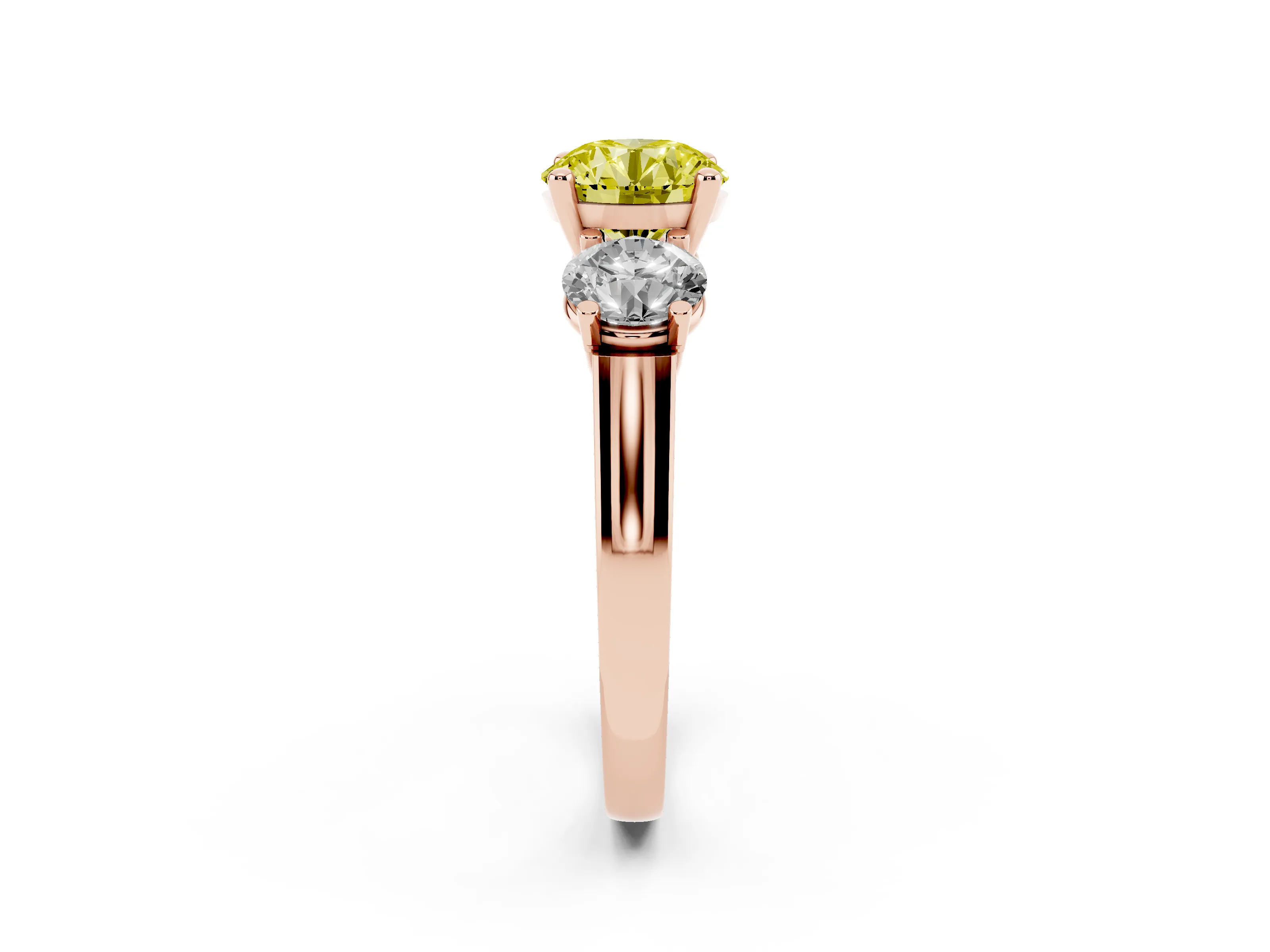 Fancy Yellow Round Cut Diamond Three-Stone Trellis Ring Set in Rose gold with Comfort Fit Band