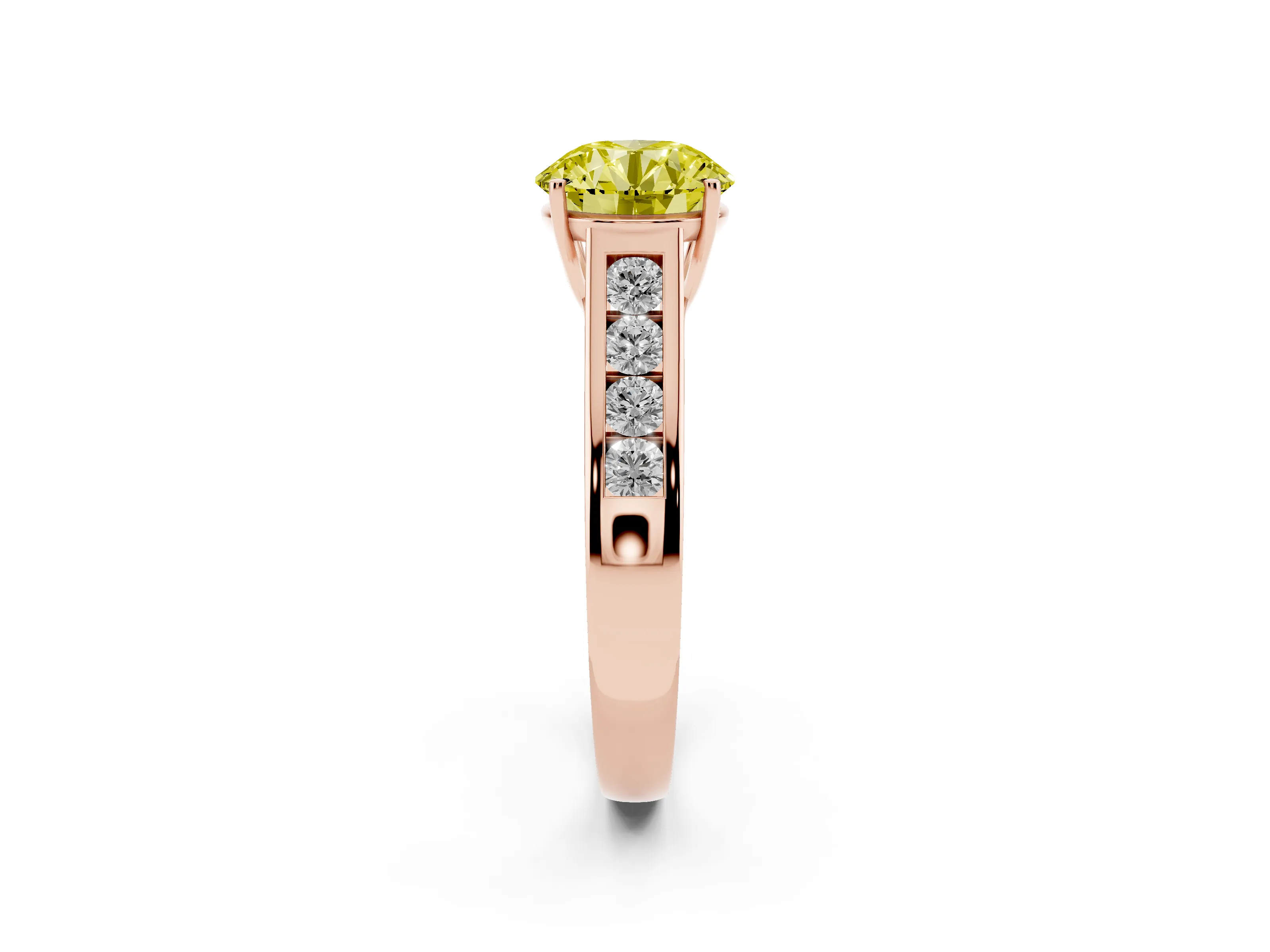 Fancy Yellow Round Cut Diamond Solitaire Channel-Set Engagement Ring Set in Rose gold with Prong Setting