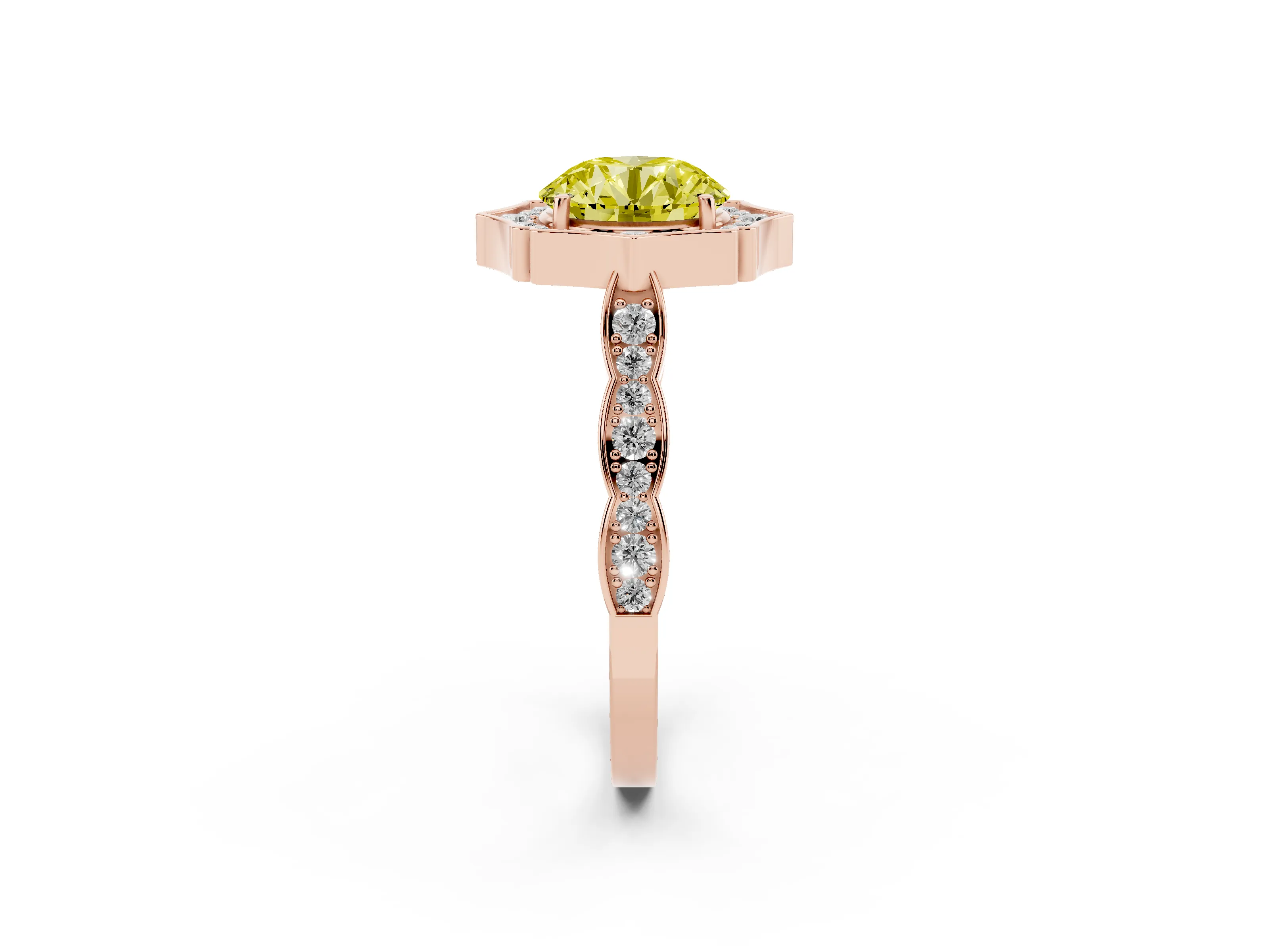 Fancy Yellow Round Cut Diamond Halo Engagement Ring Set in Rose gold with Milgrain Band and Prong Setting