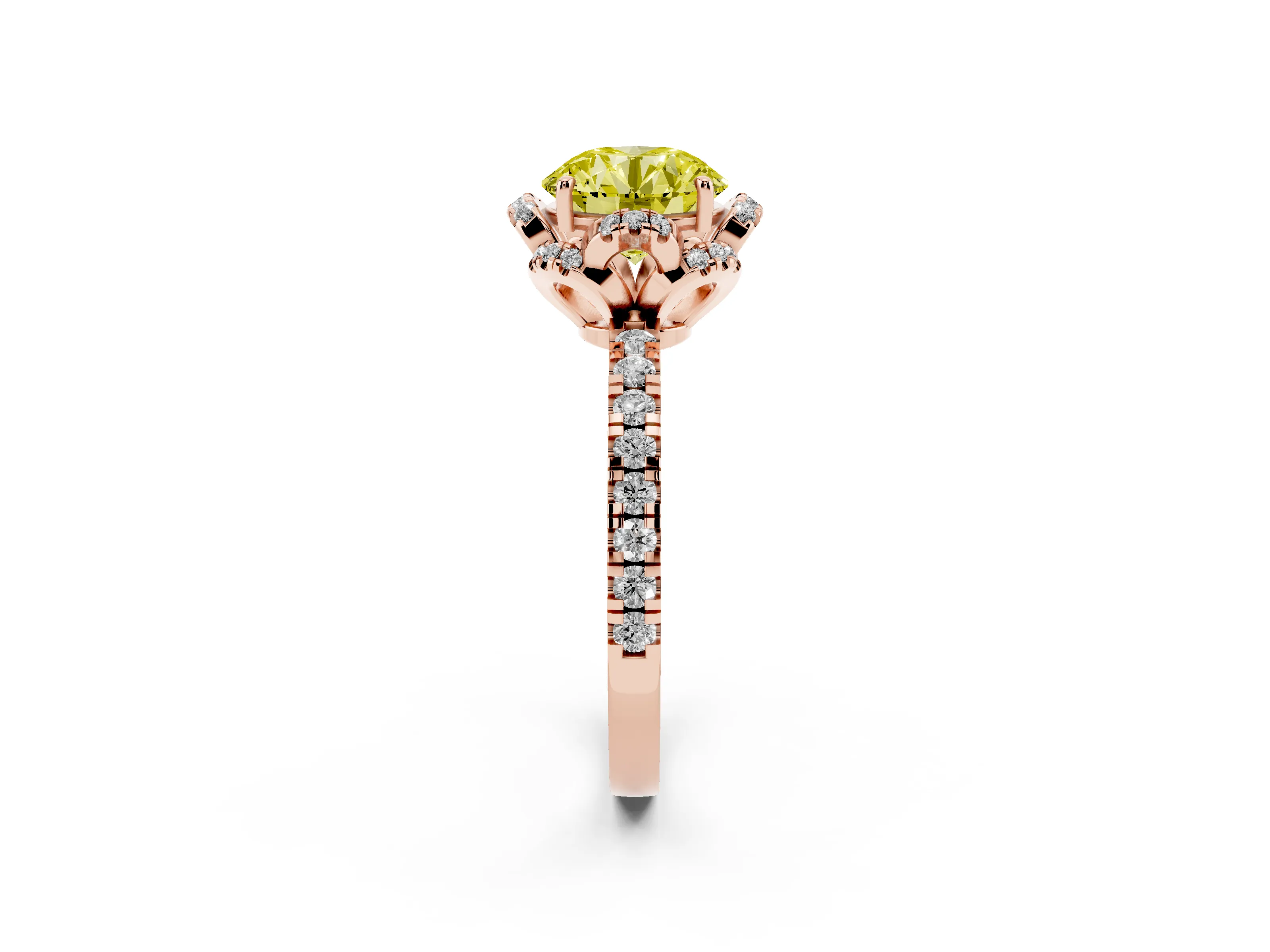 Fancy Yellow Round Cut Diamond Halo Pavé Band Ring Set in Rose gold with Prong-Held Center